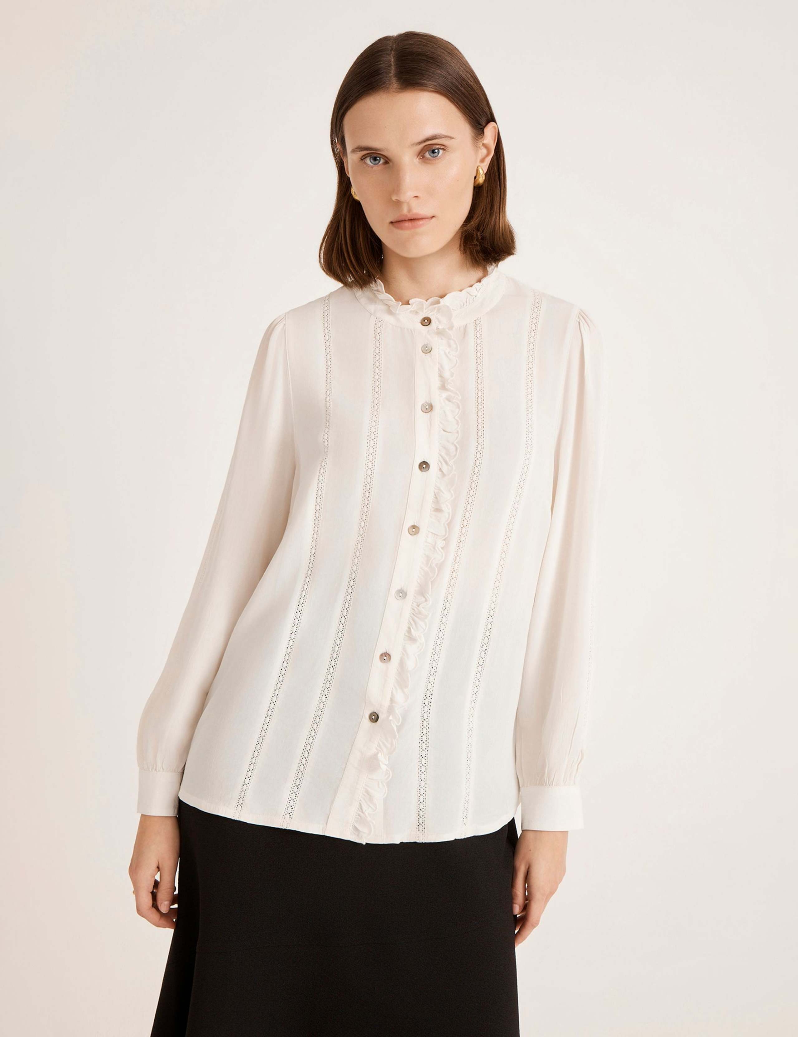 Crepe Round Neck Ruffle Blouse 1 of 4