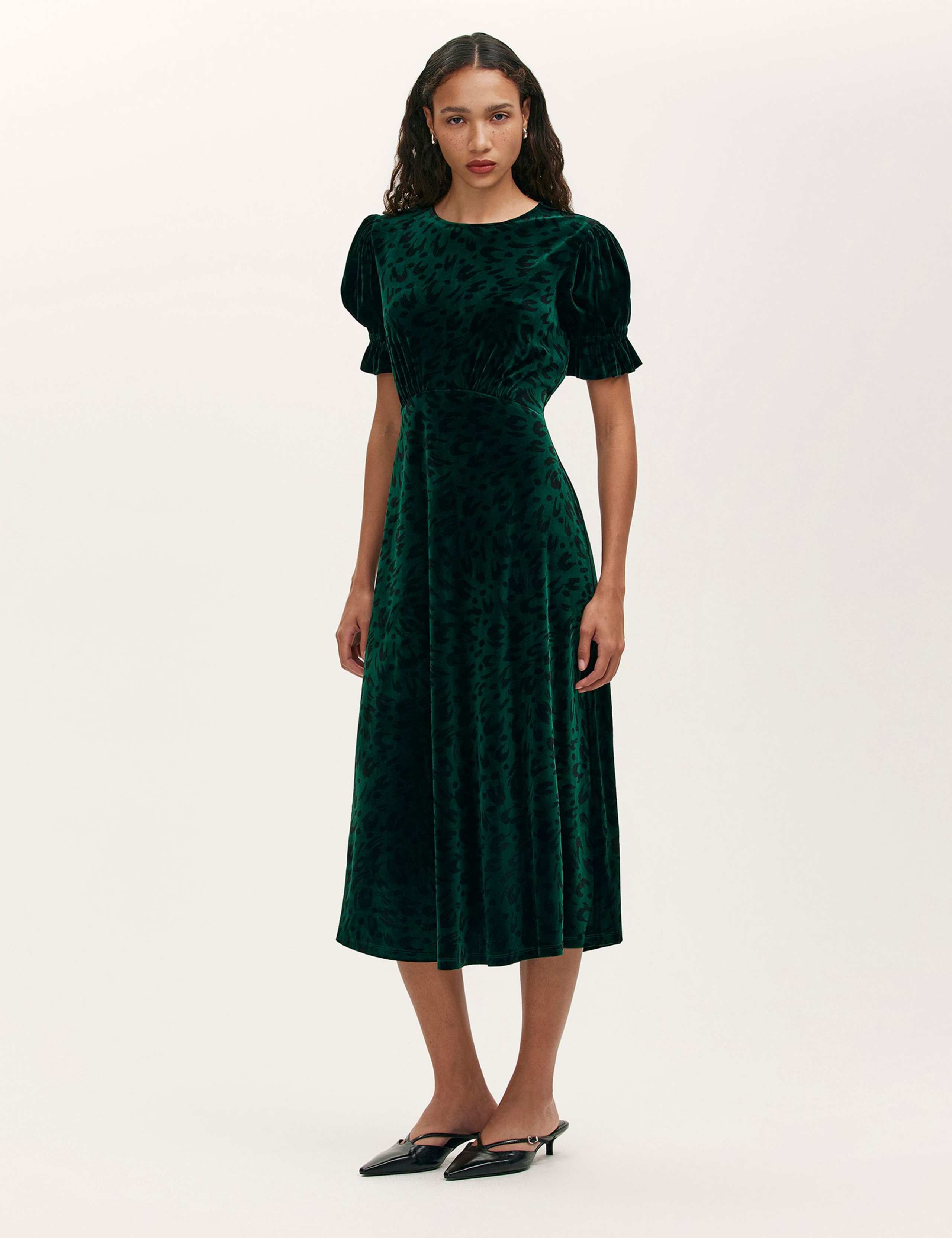 Velvet Leopard Print Round Neck Midi Tea Dress 1 of 4