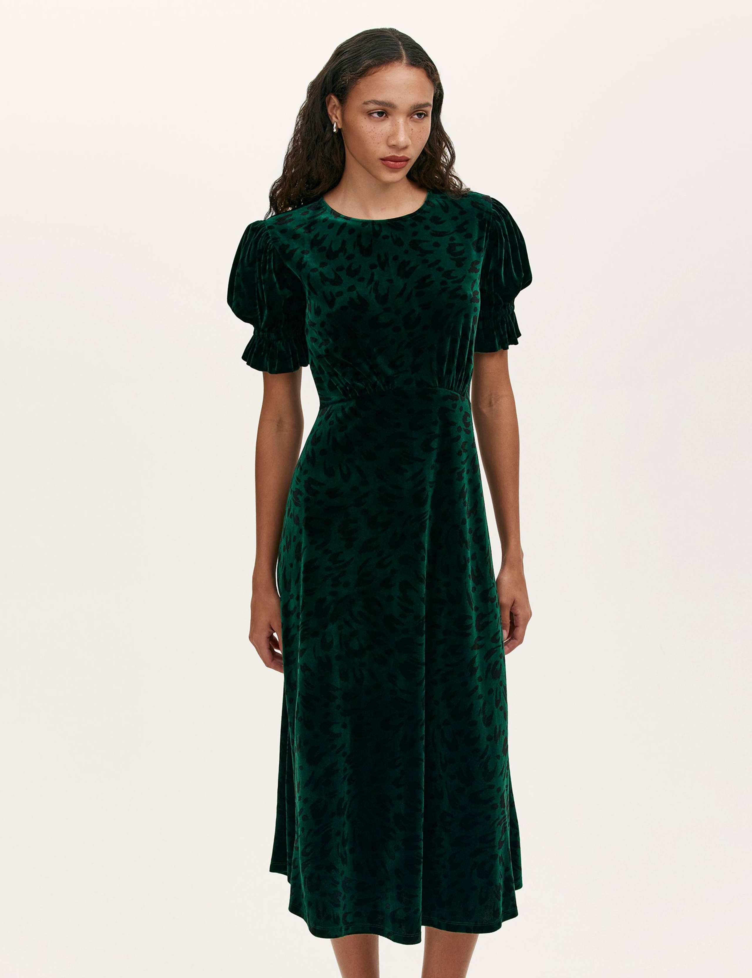 Velvet Leopard Print Round Neck Midi Tea Dress 2 of 4