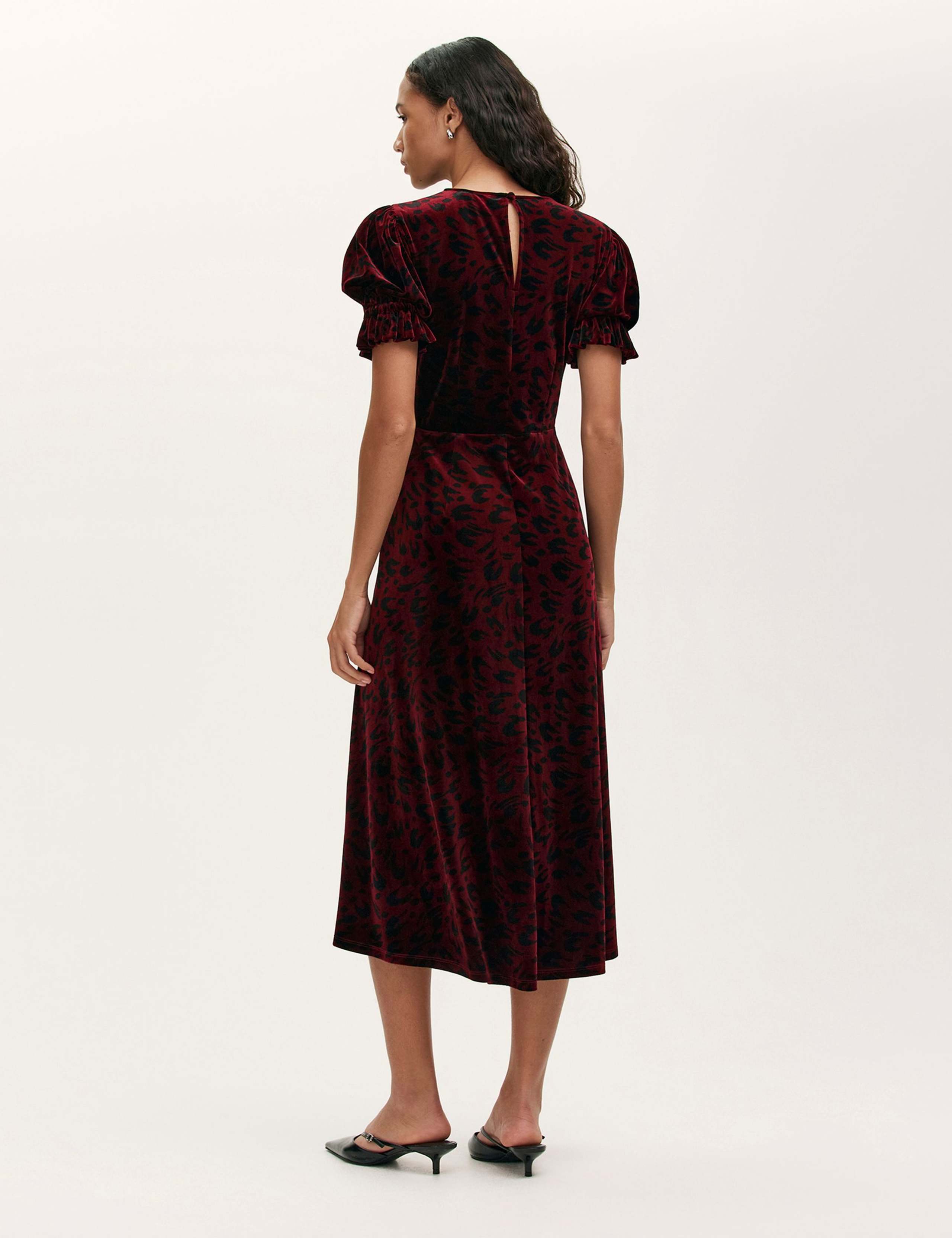Velvet Leopard Print Round Neck Midi Tea Dress 3 of 4
