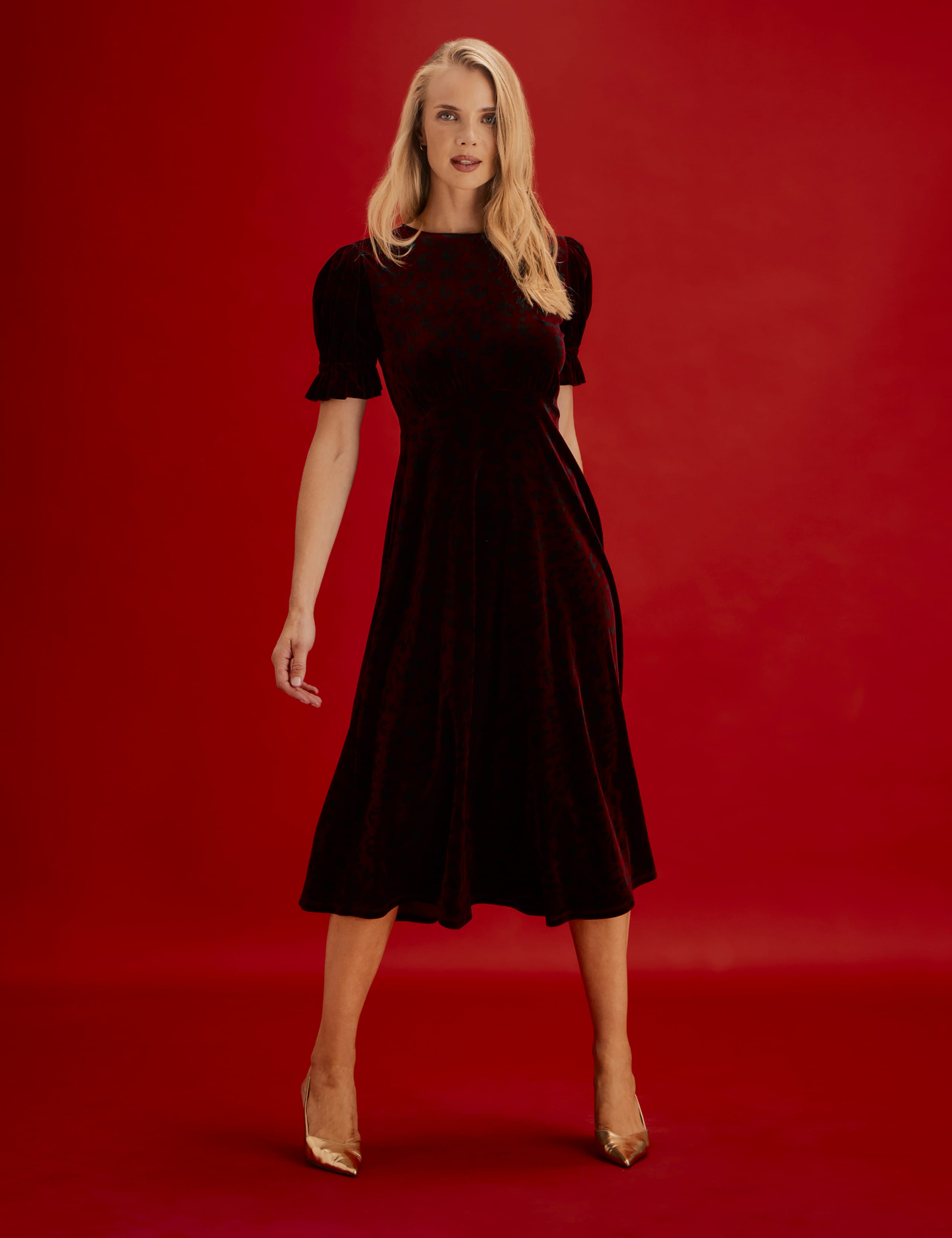 Velvet Leopard Print Round Neck Midi Tea Dress 5 of 11