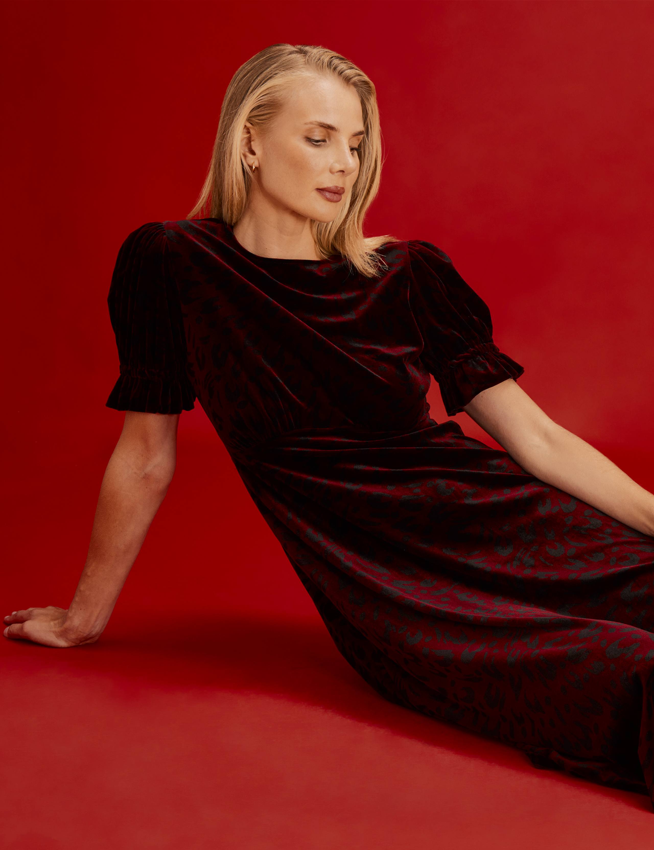 Velvet Leopard Print Round Neck Midi Tea Dress 7 of 11