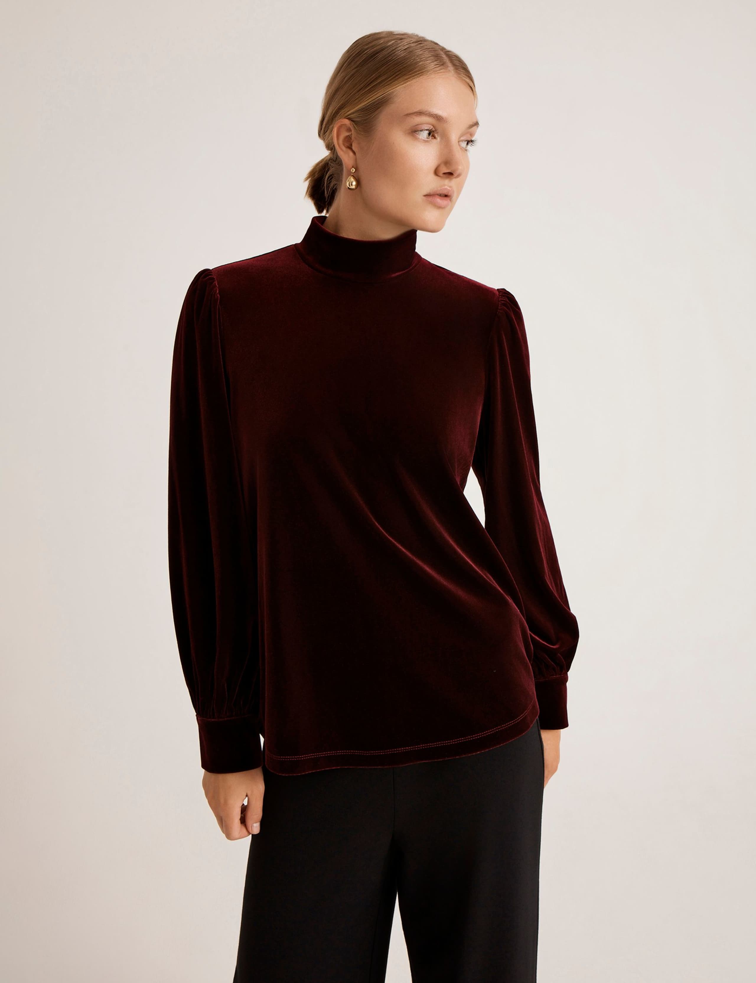 Velvet High Neck Puff Sleeve Top 1 of 5