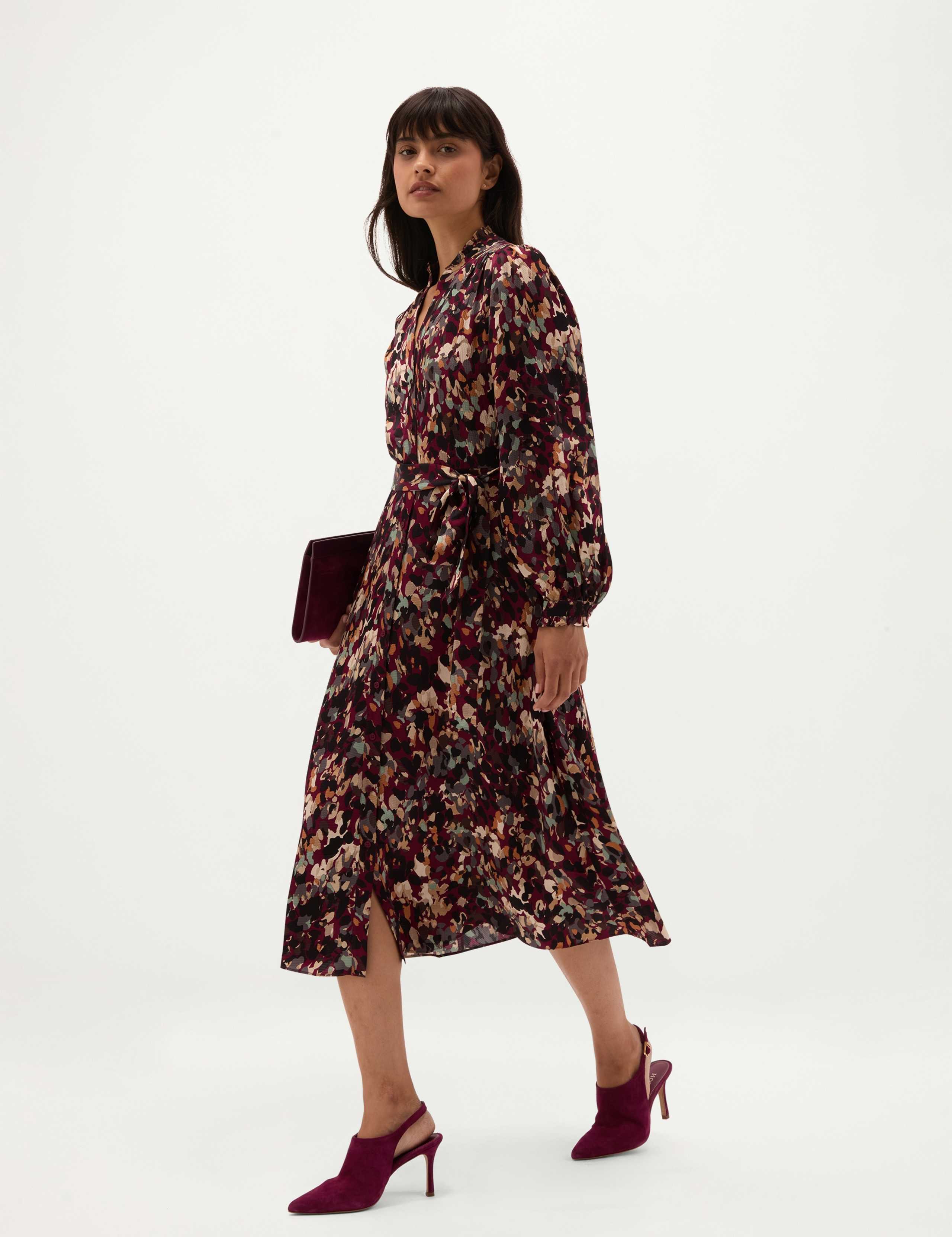 Printed Notch Neck Tie Waist Knee Length Skater Dress 5 of 6