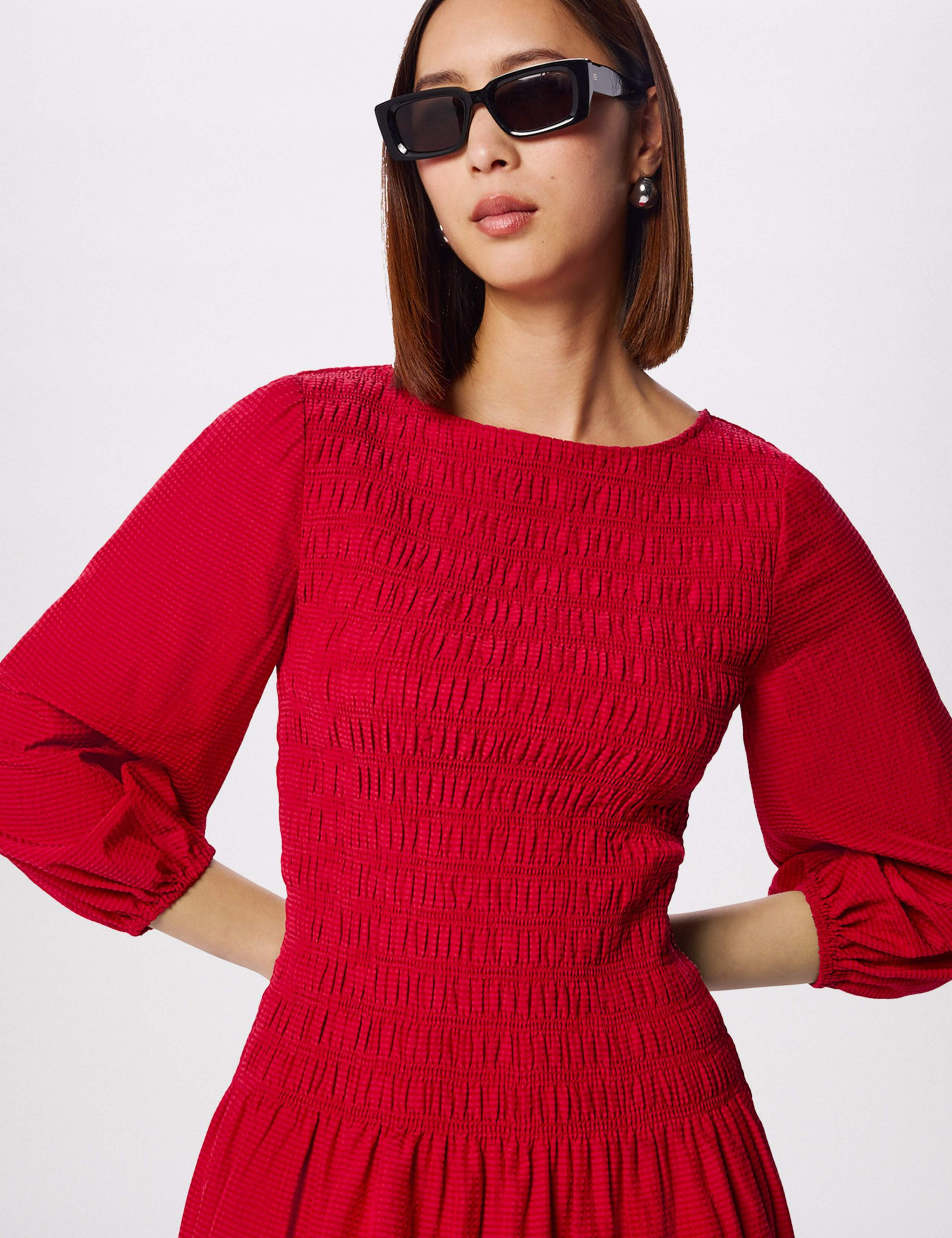 Round Neck Midi Shirred Dress with Cotton 5 of 6