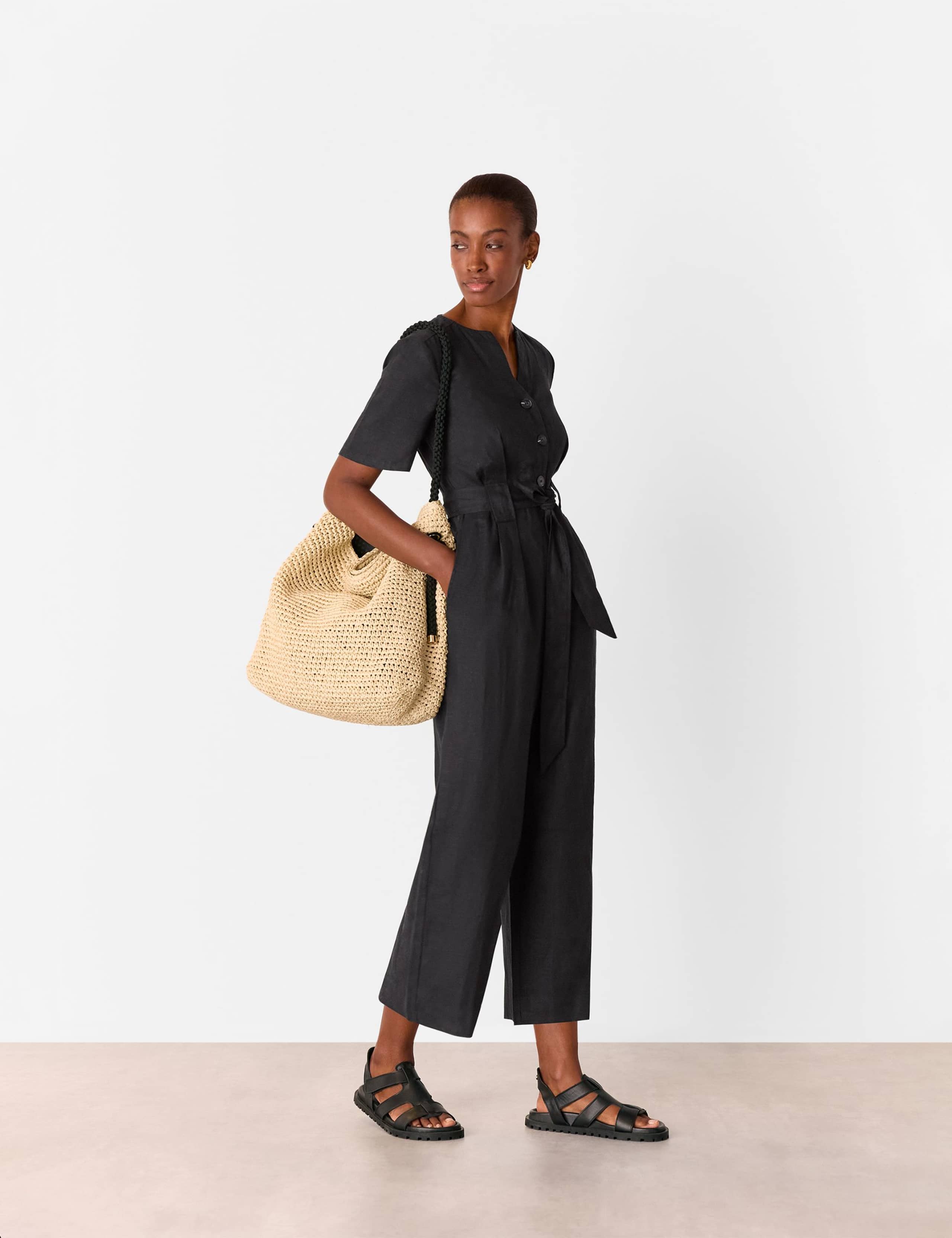 Pure Linen Button Front Tie Detail Jumpsuit 1 of 4