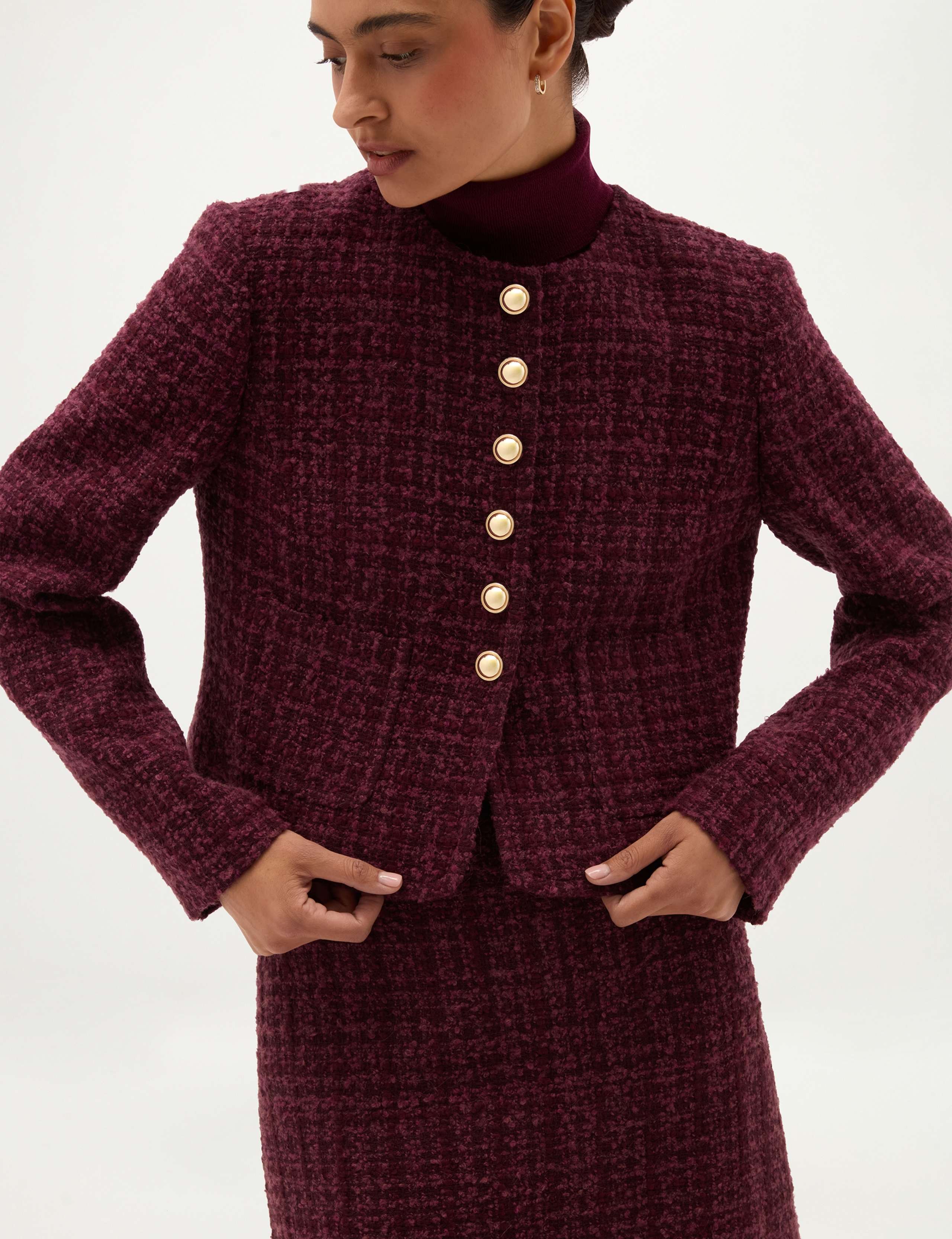 Tweed Textured Collarless Short Jacket with Wool 5 of 8