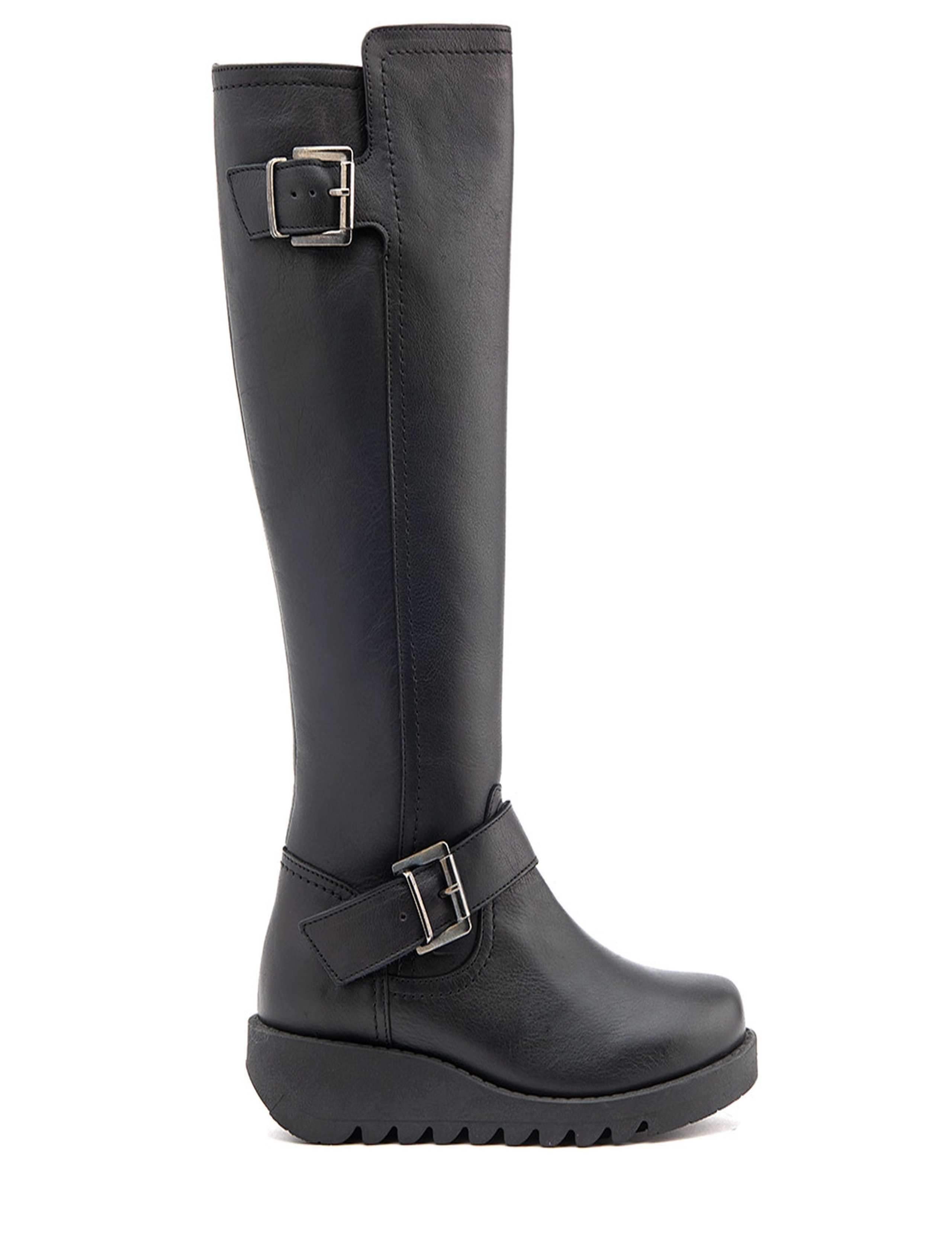 Leather Buckle Wedge Knee High Boots 1 of 5