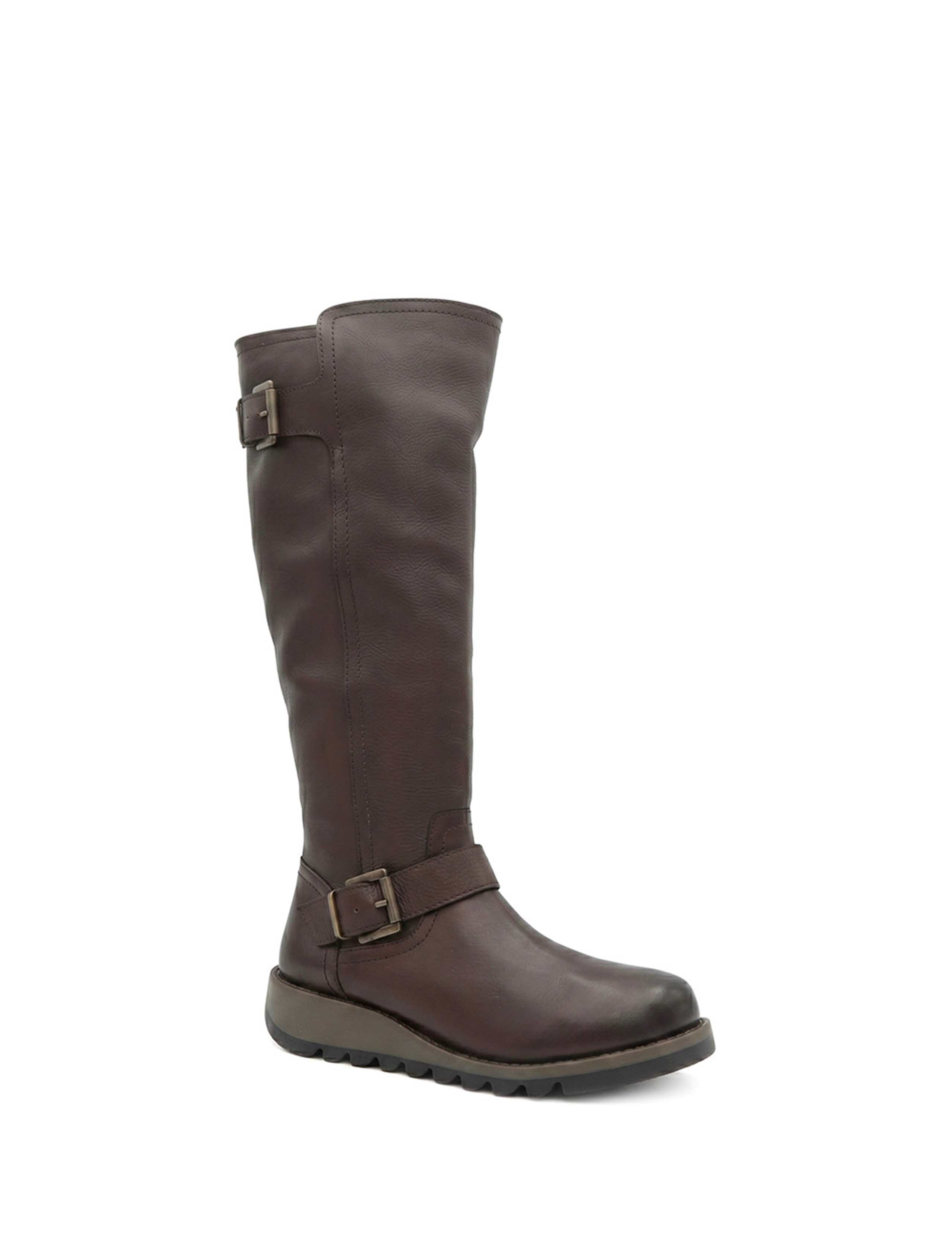 Leather Buckle Wedge Knee High Boots 2 of 6