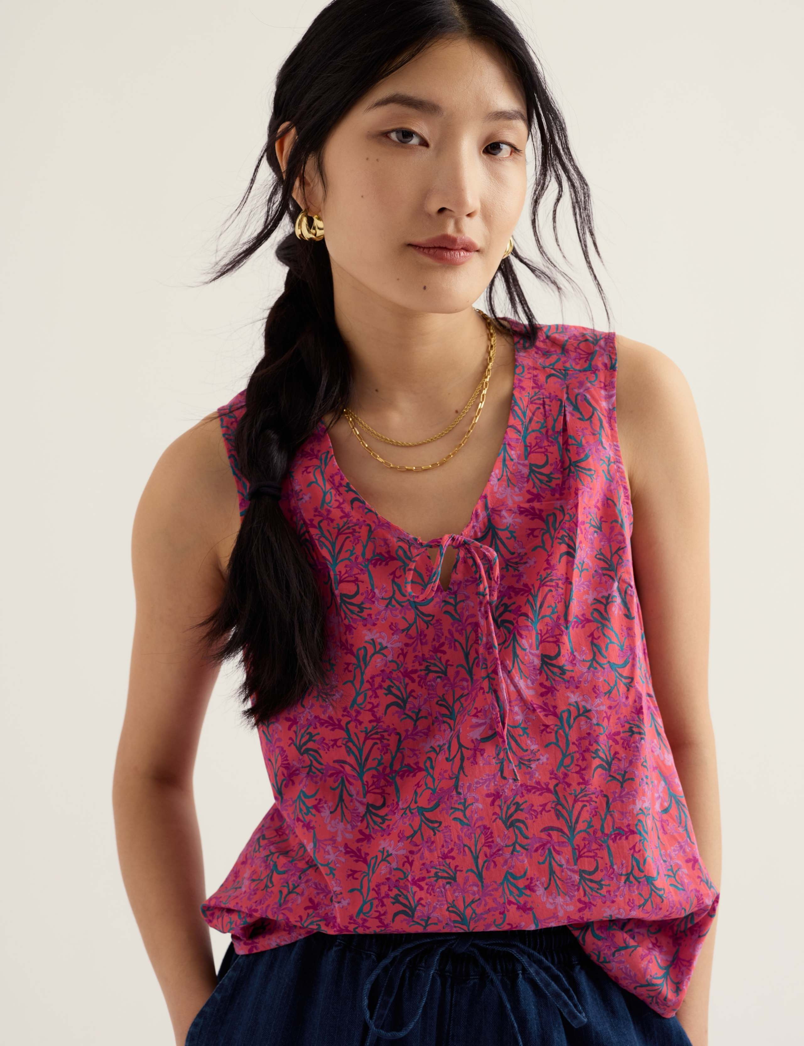 Pure Cotton Floral Tie Neck Top 1 of 5