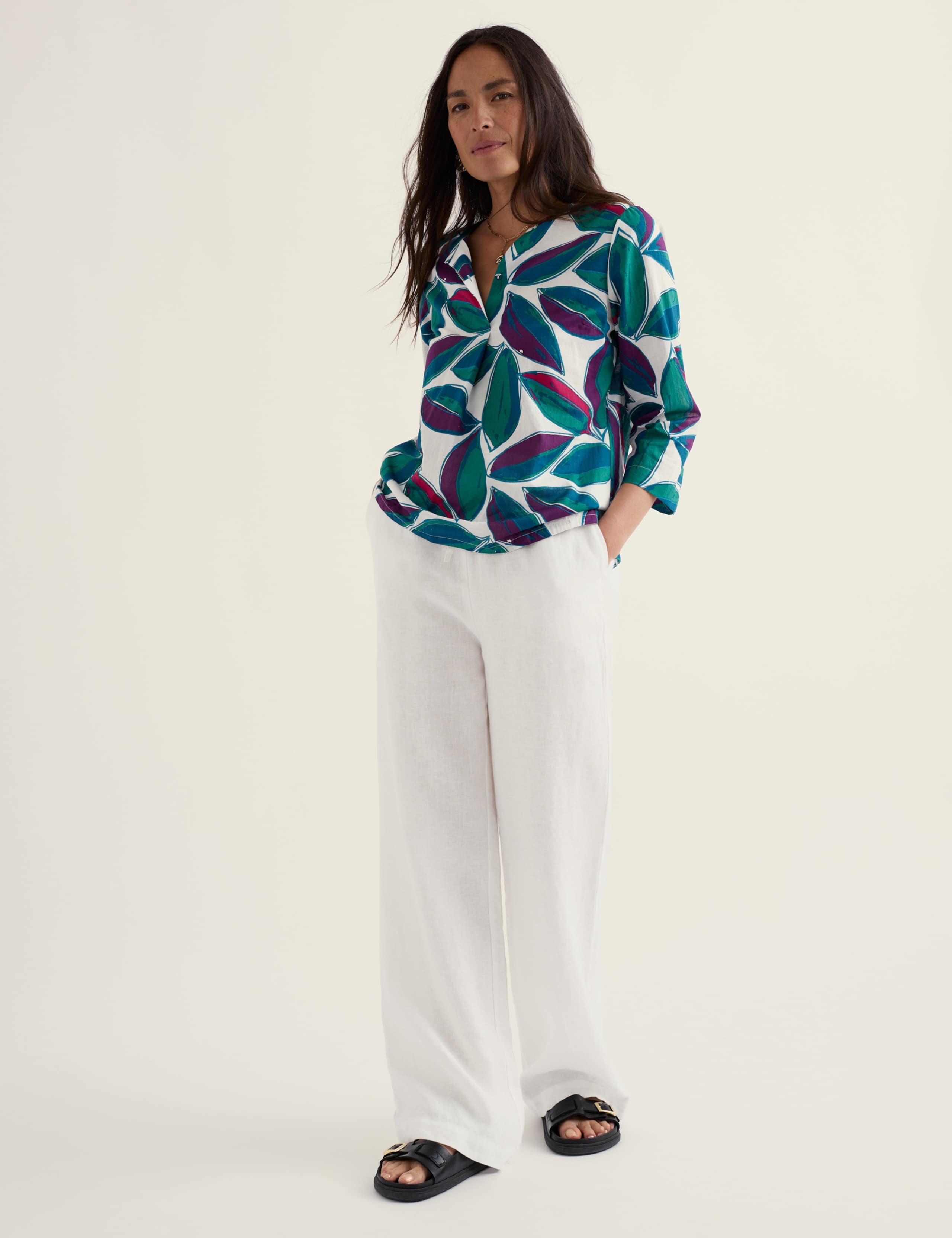Pure Cotton Leaf Print V-Neck Relaxed Top 1 of 5