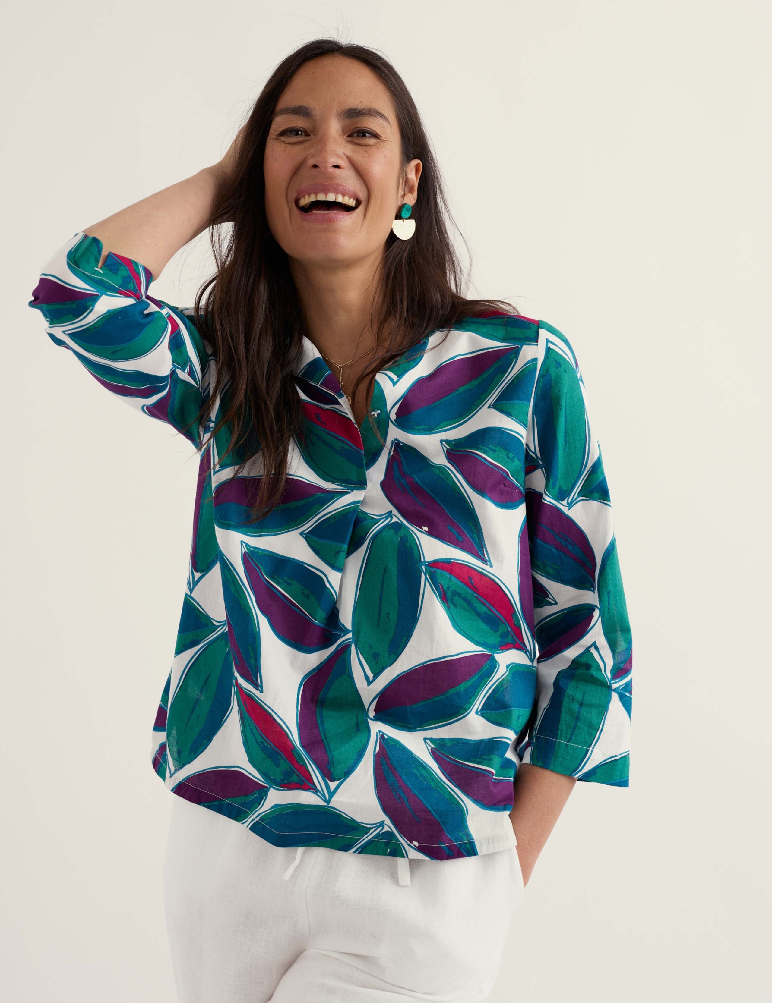 Pure Cotton Leaf Print V-Neck Relaxed Top 4 of 5