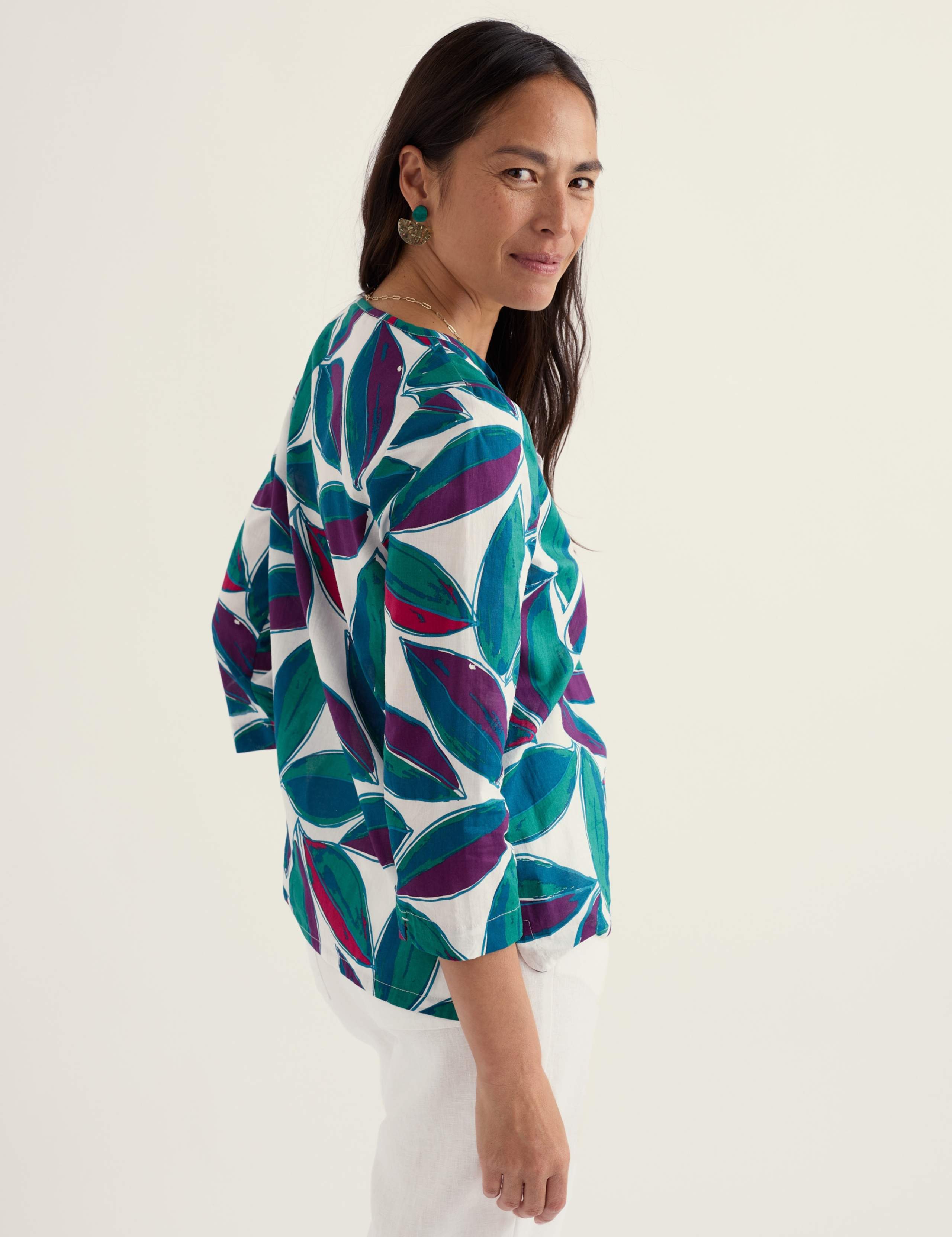 Pure Cotton Leaf Print V-Neck Relaxed Top 5 of 5