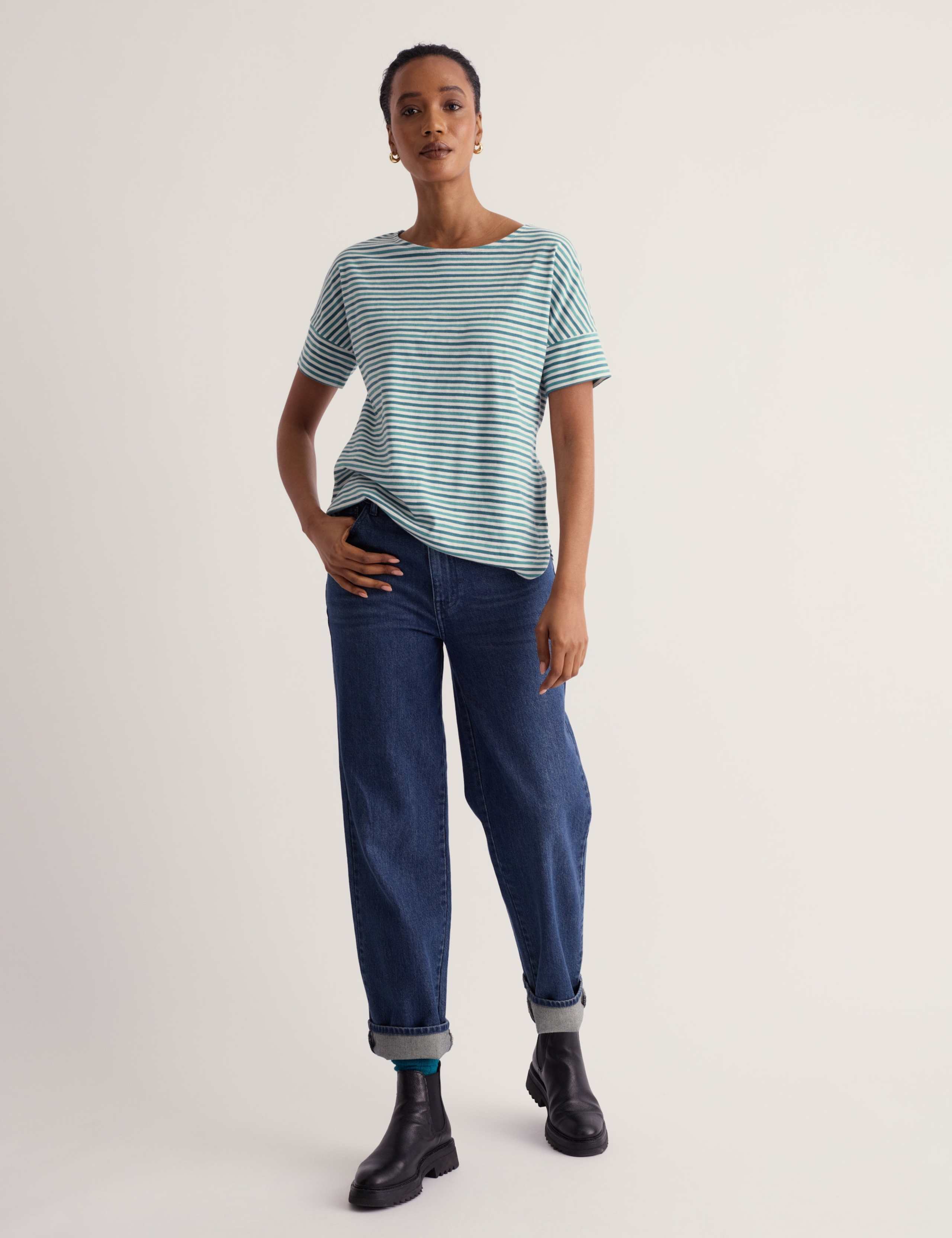 Pure Cotton Striped Slash Neck T-Shirt 1 of 5