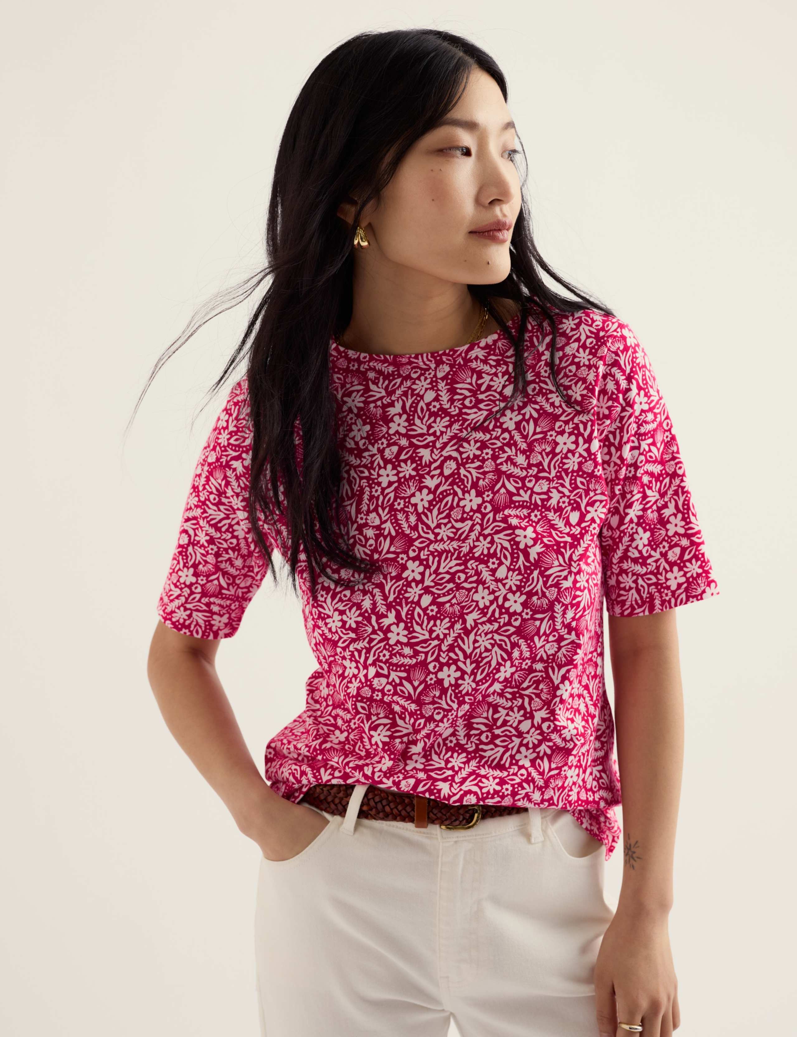 Pure Cotton Floral Slash Neck T-Shirt 1 of 5