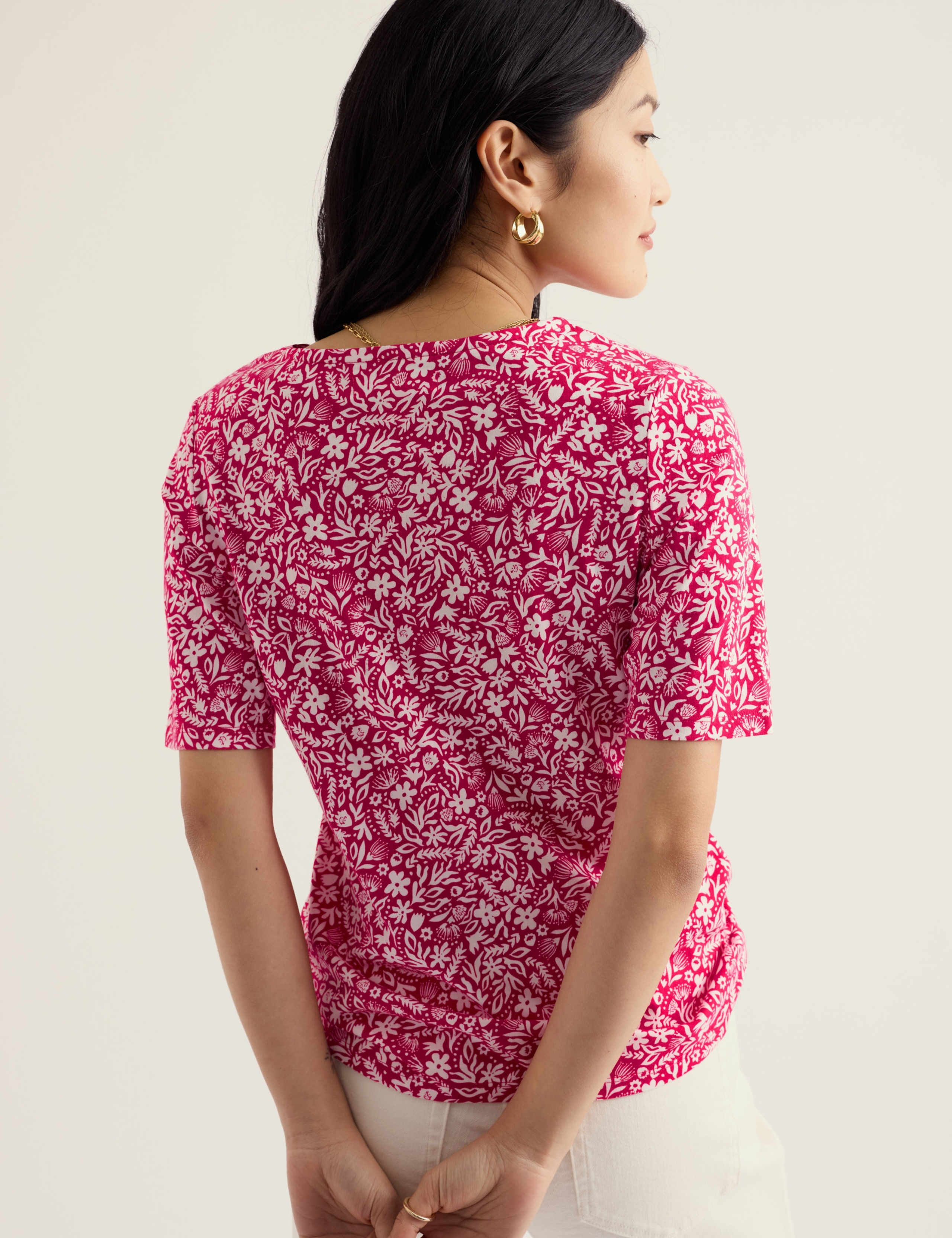 Pure Cotton Floral Slash Neck T-Shirt 5 of 5