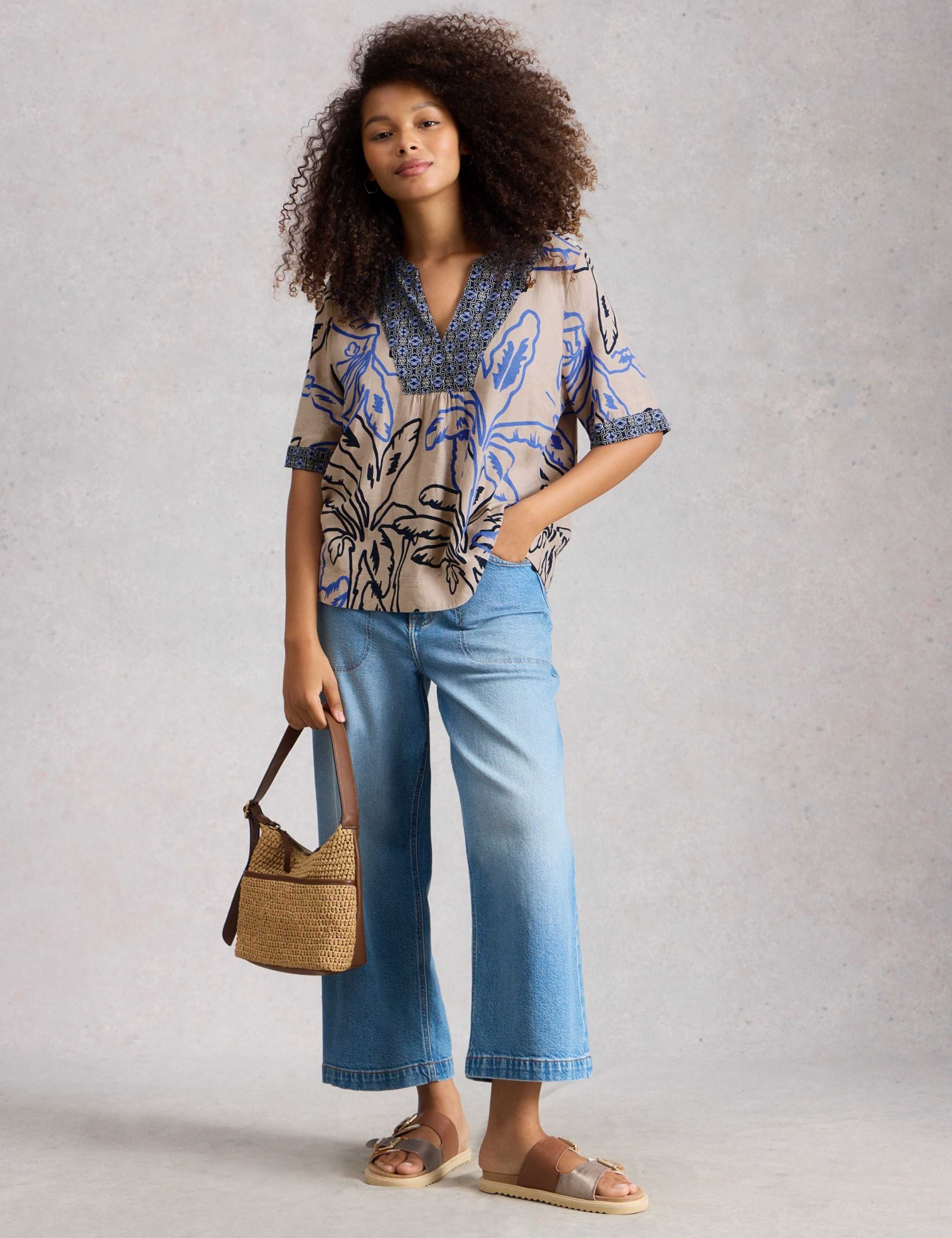 Linen Blend Printed Notch Neck Blouse 1 of 6