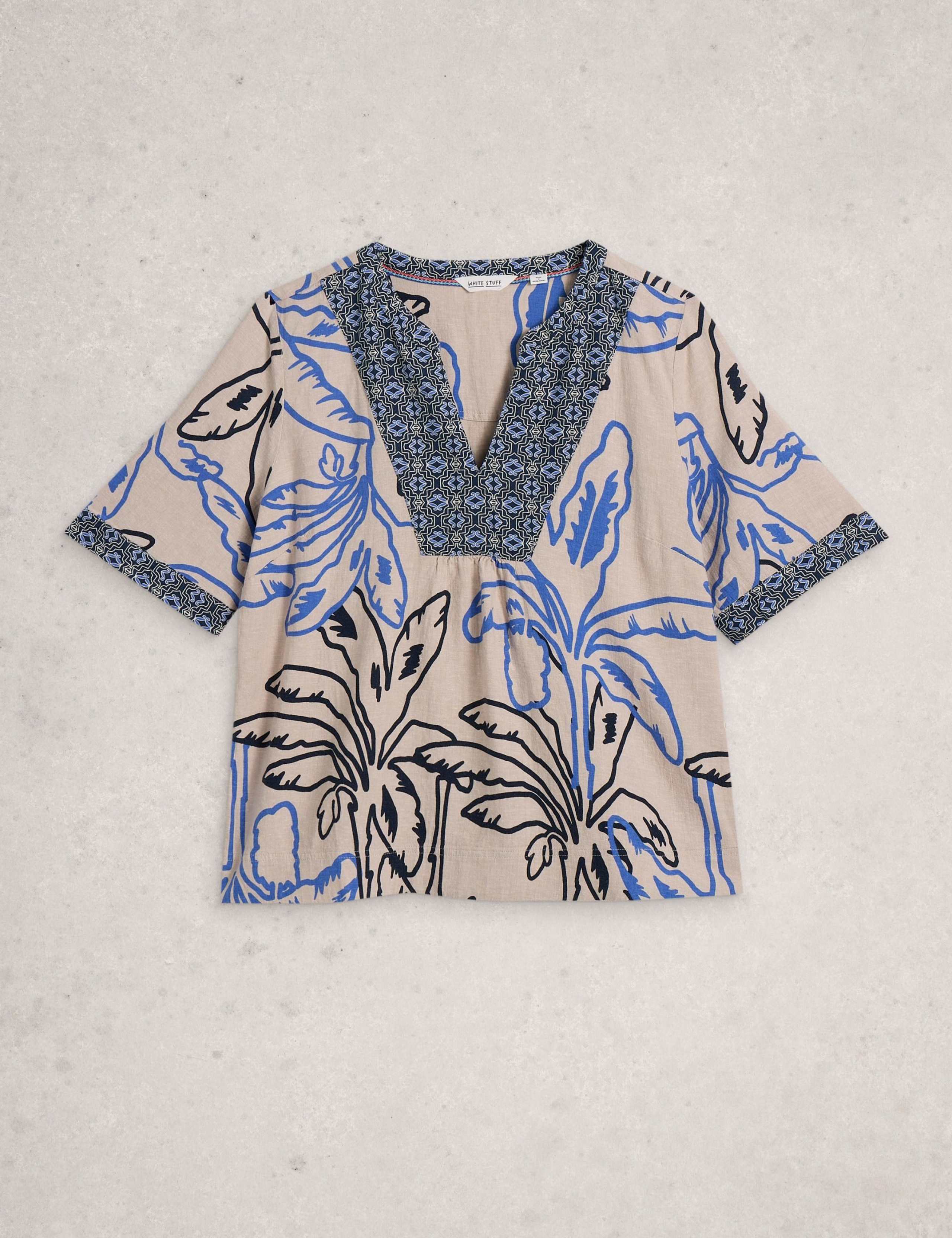 Linen Blend Printed Notch Neck Blouse 2 of 6