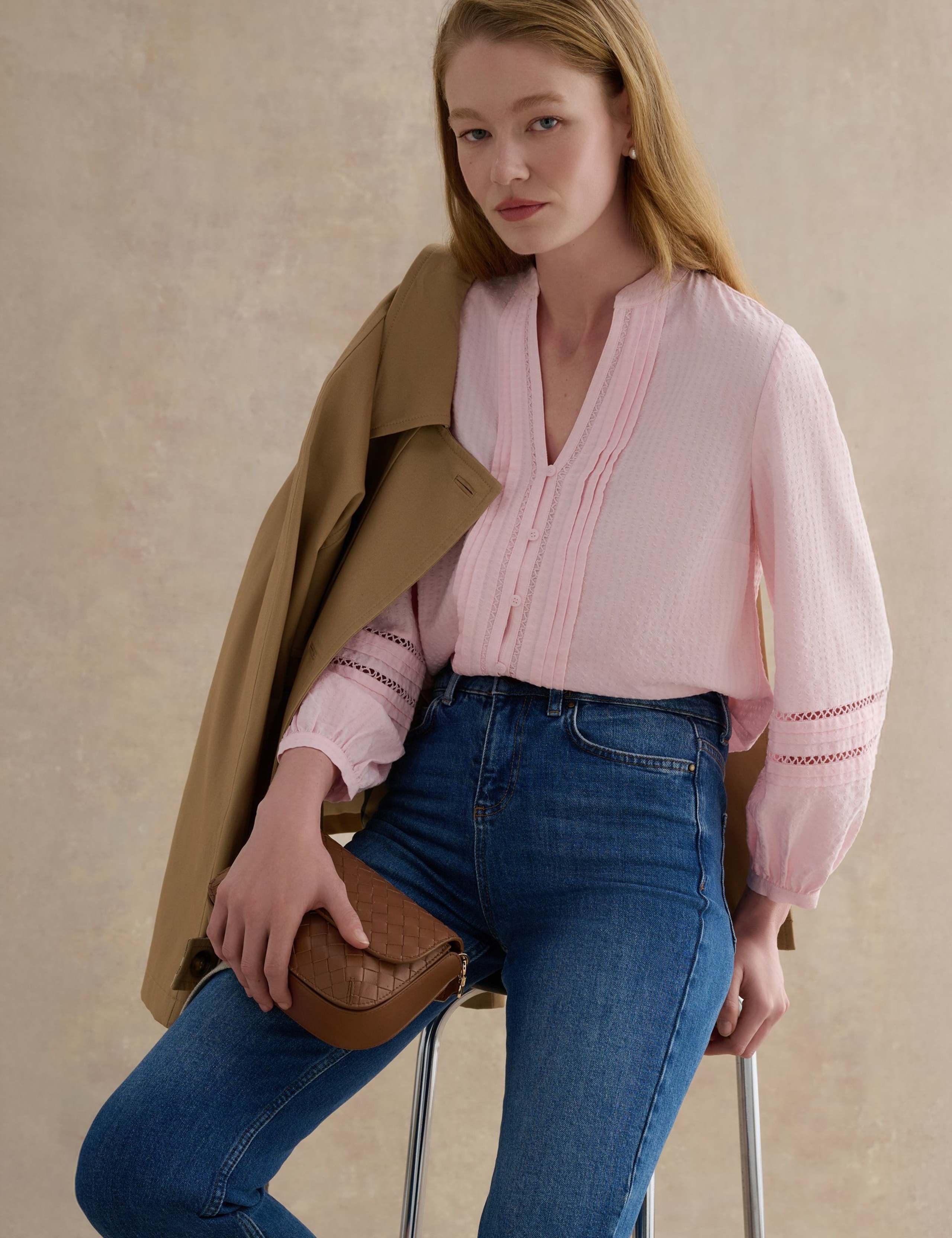 Cotton Blend Textured Notch Neck Blouse 1 of 5