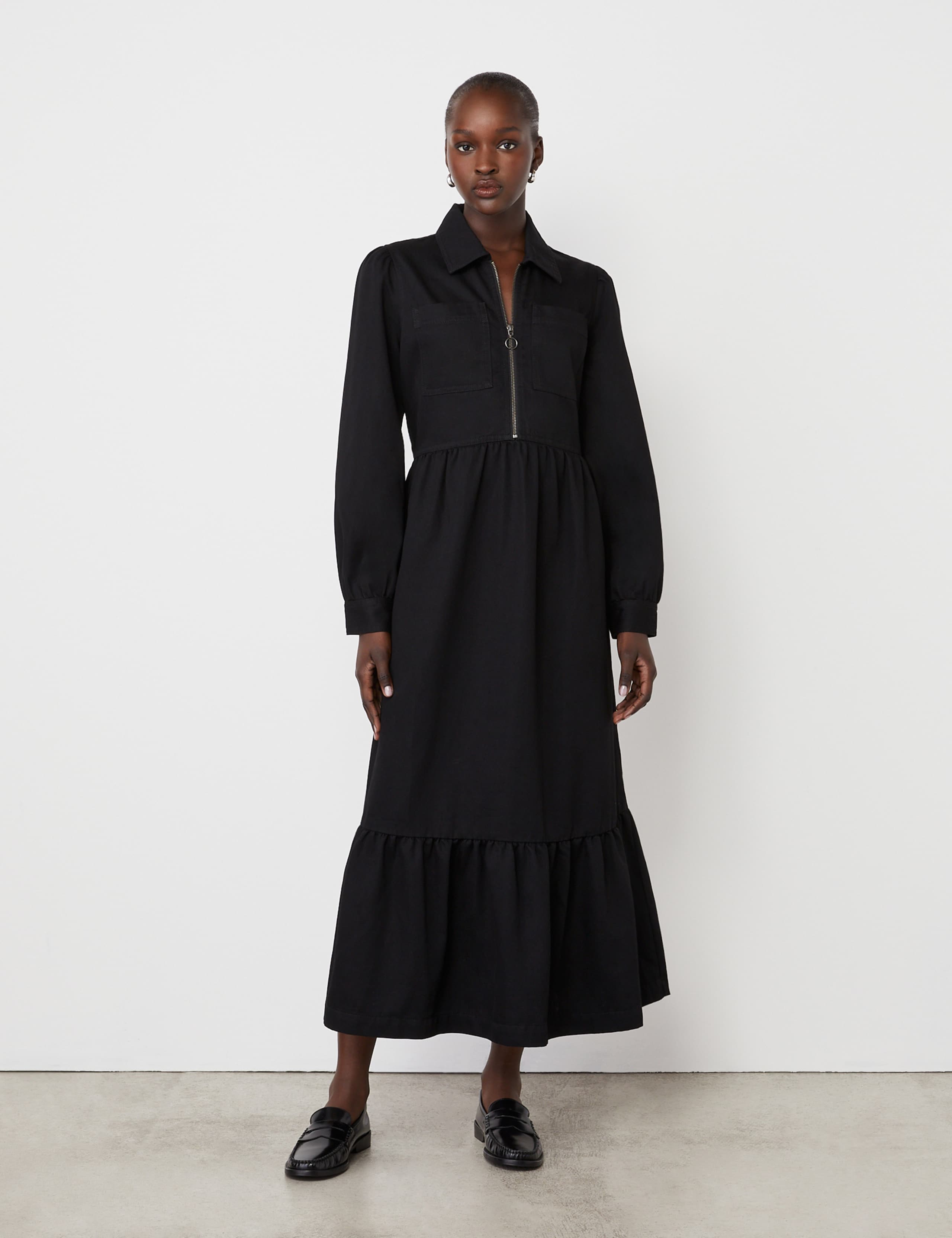 Denim Collared Midi Tiered Shirt Dress 1 of 4