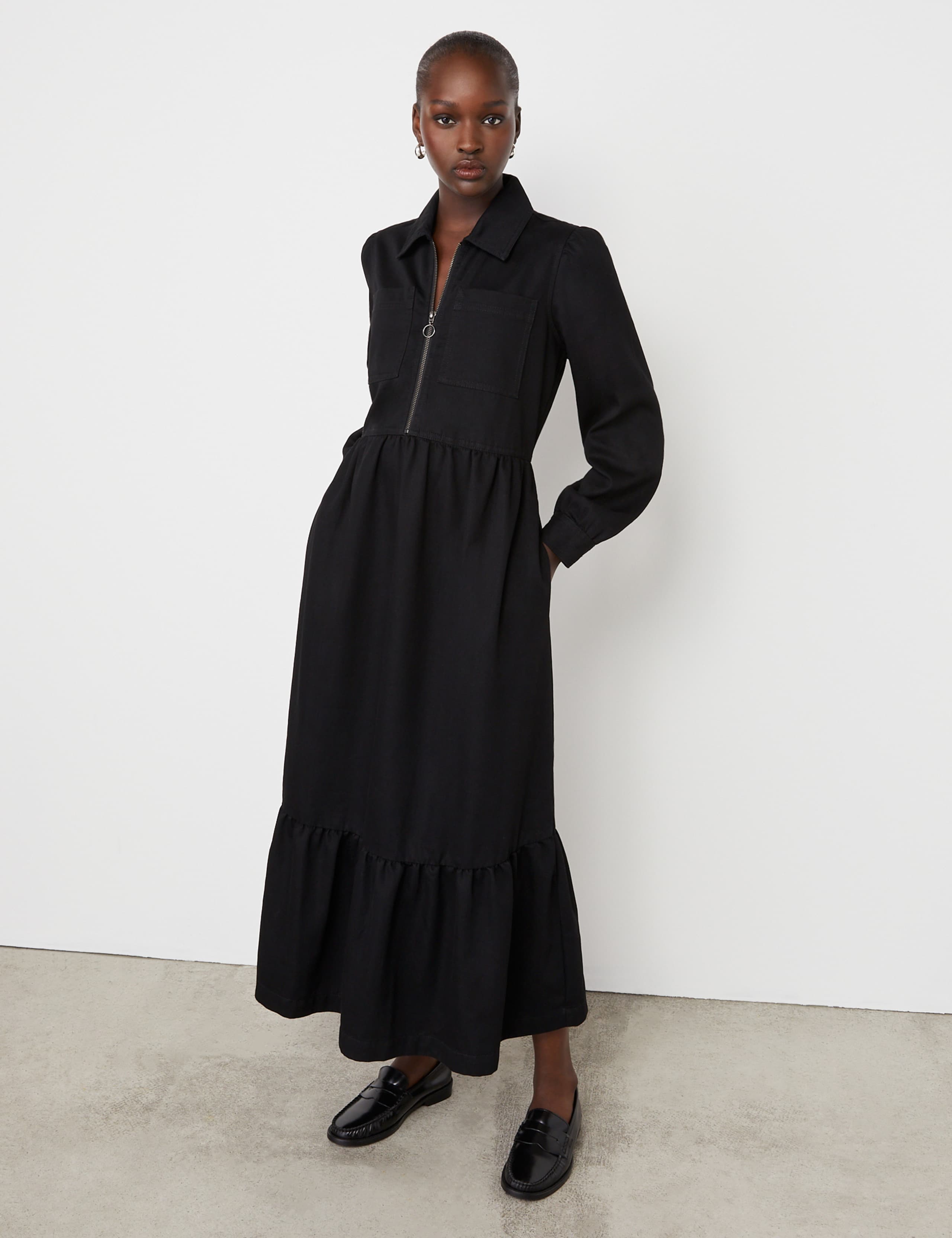 Denim Collared Midi Tiered Shirt Dress 2 of 4