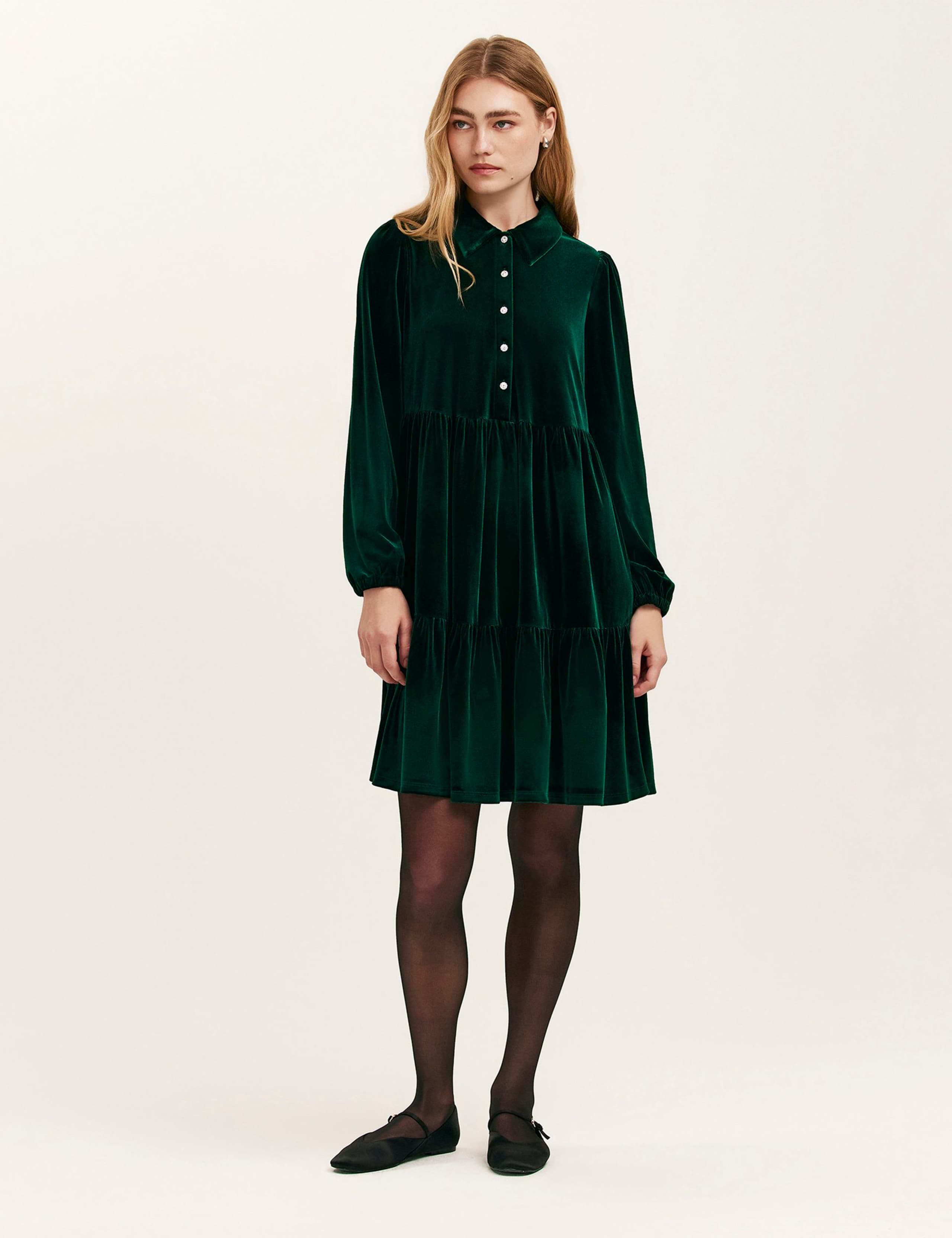 Velvet Collared Knee Length Shirt Dress 1 of 4