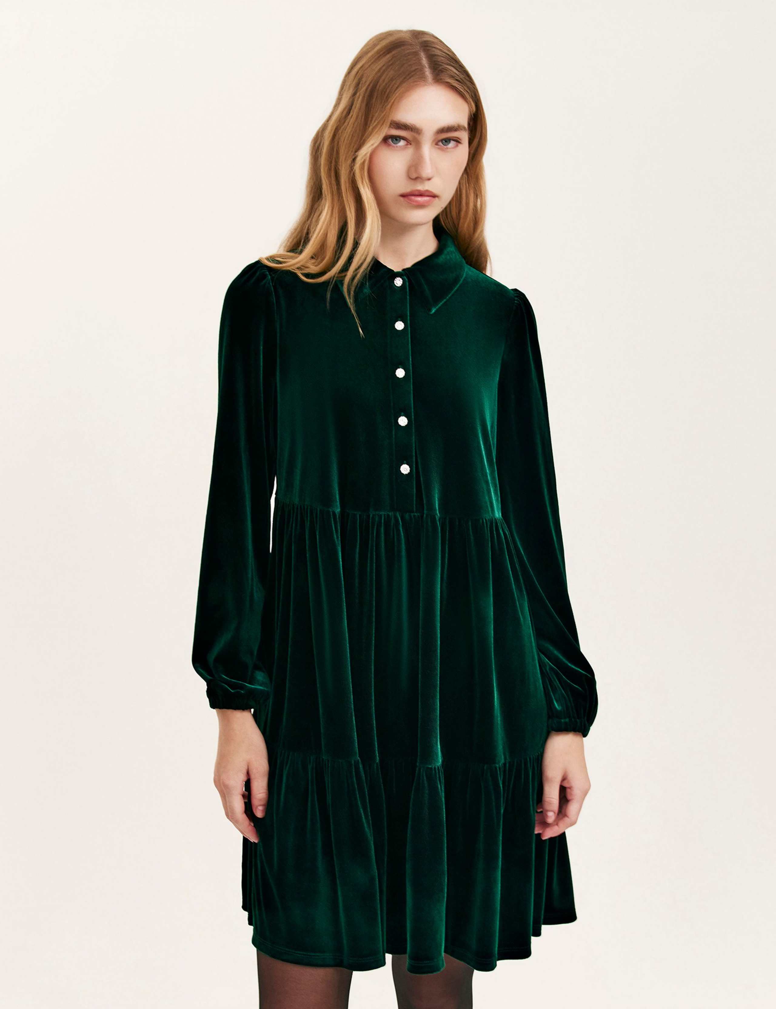 Velvet Collared Knee Length Shirt Dress 2 of 4