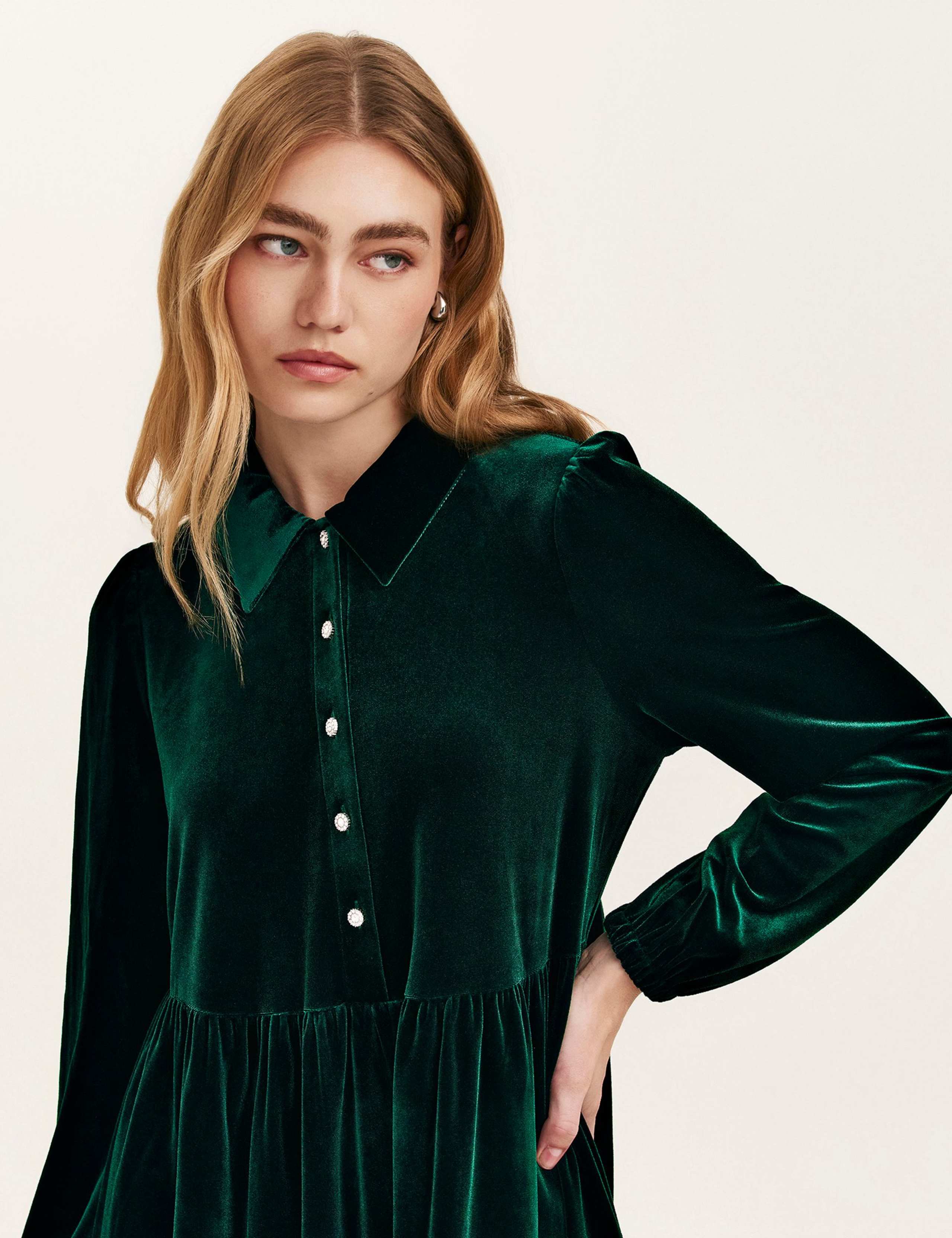 Velvet Collared Knee Length Shirt Dress 4 of 4