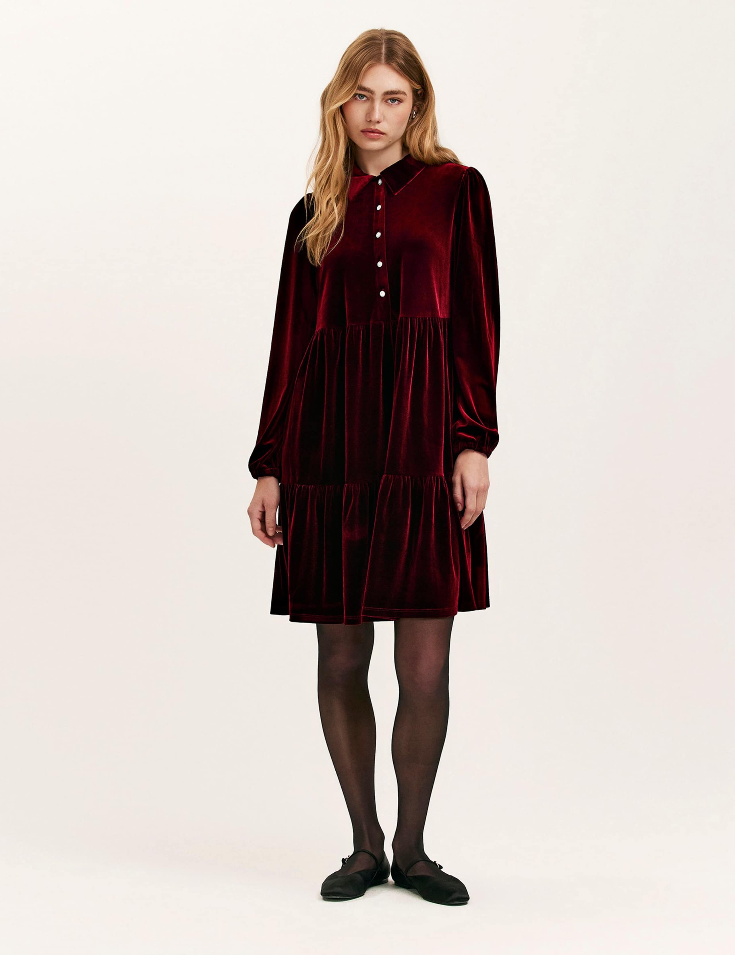 Velvet Collared Knee Length Shirt Dress 1 of 4