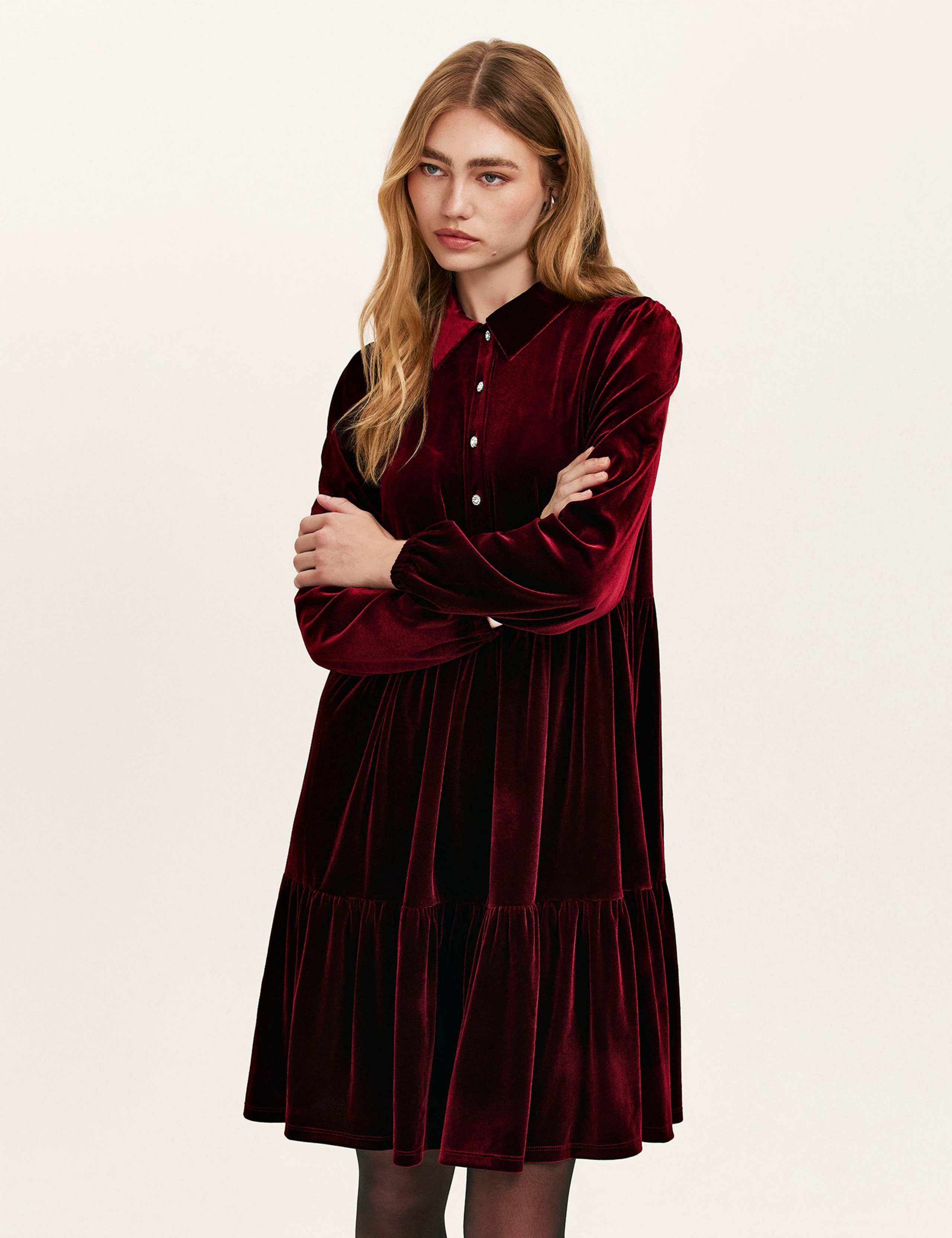 Velvet Collared Knee Length Shirt Dress 2 of 4