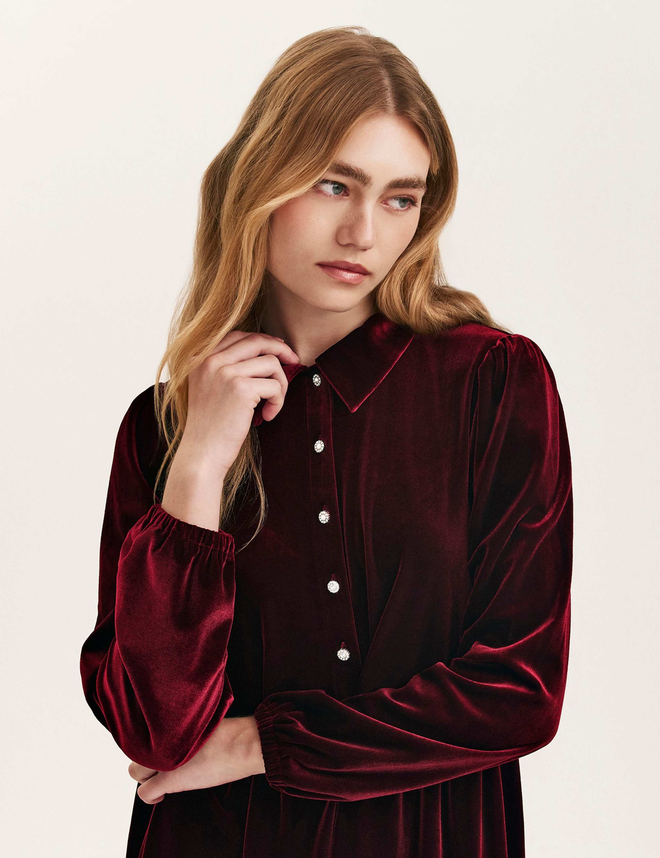 Velvet Collared Knee Length Shirt Dress 4 of 4