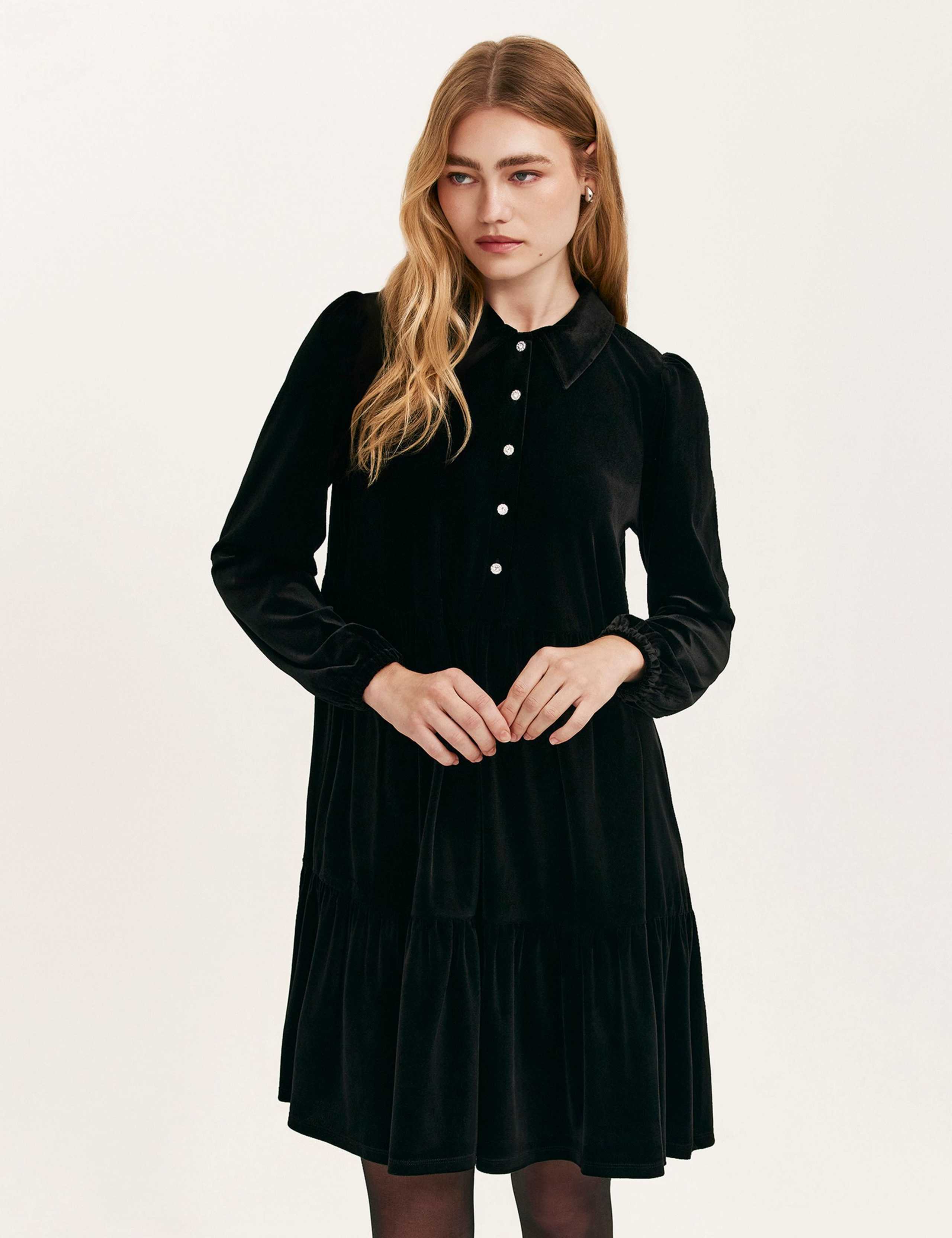 Velvet Collared Knee Length Shirt Dress 2 of 4