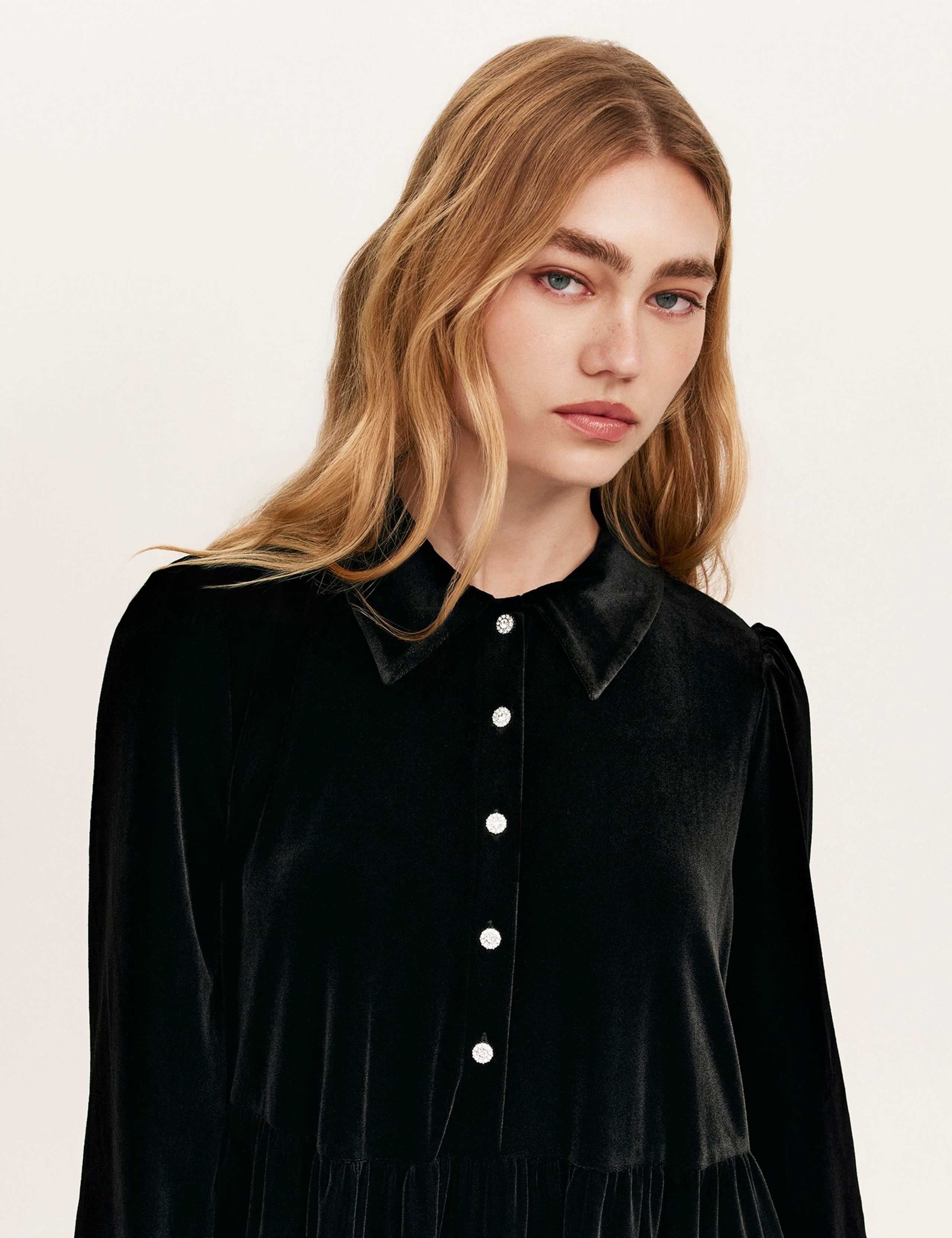 Velvet Collared Knee Length Shirt Dress 4 of 4