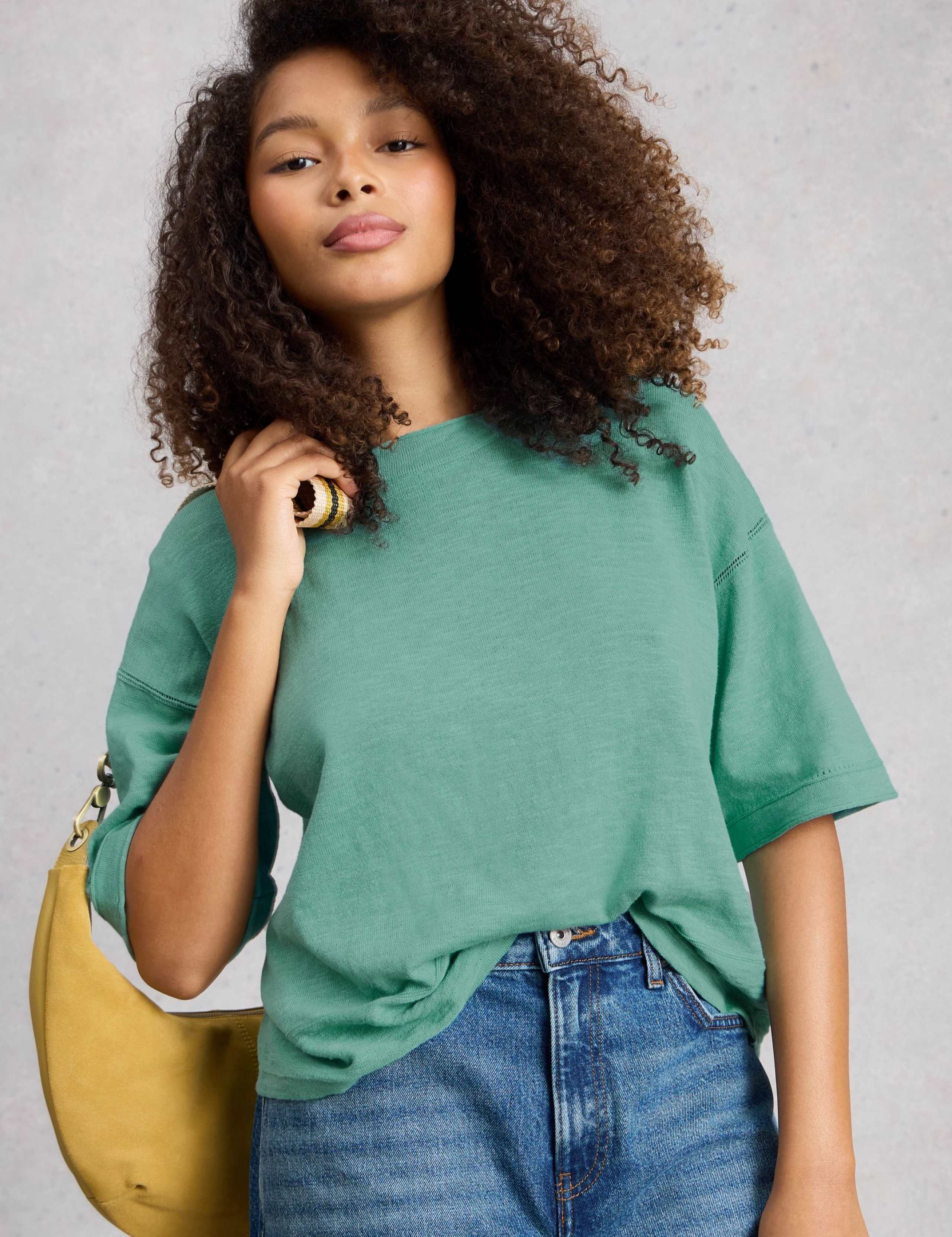 Cotton Rich Crew Neck Top With Linen 1 of 6
