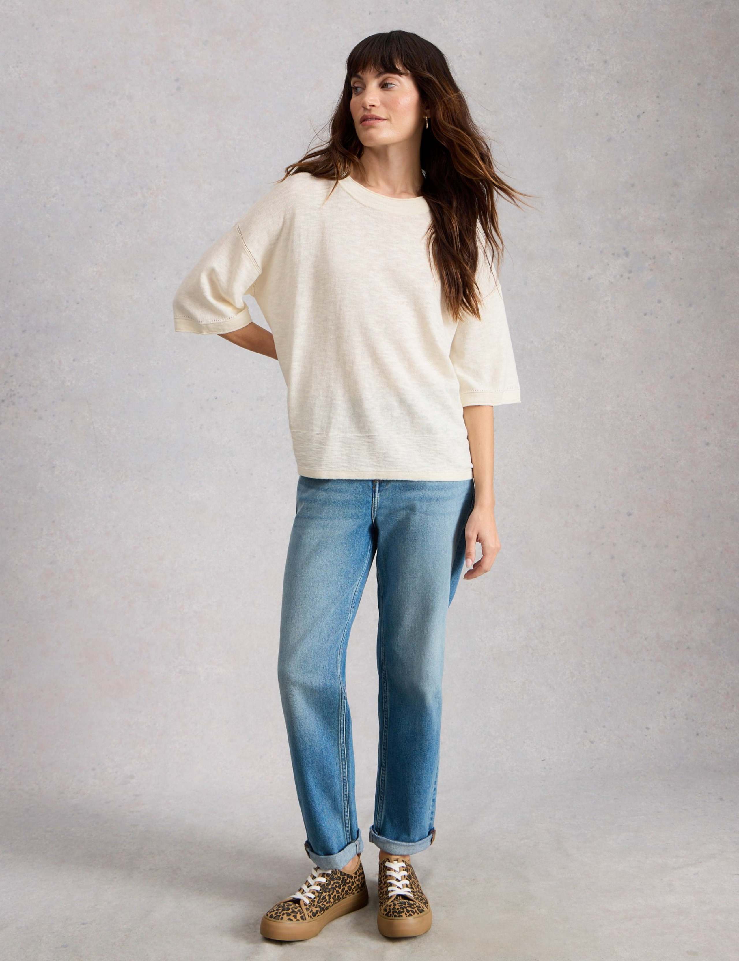 Cotton Rich Crew Neck Top With Linen 2 of 6