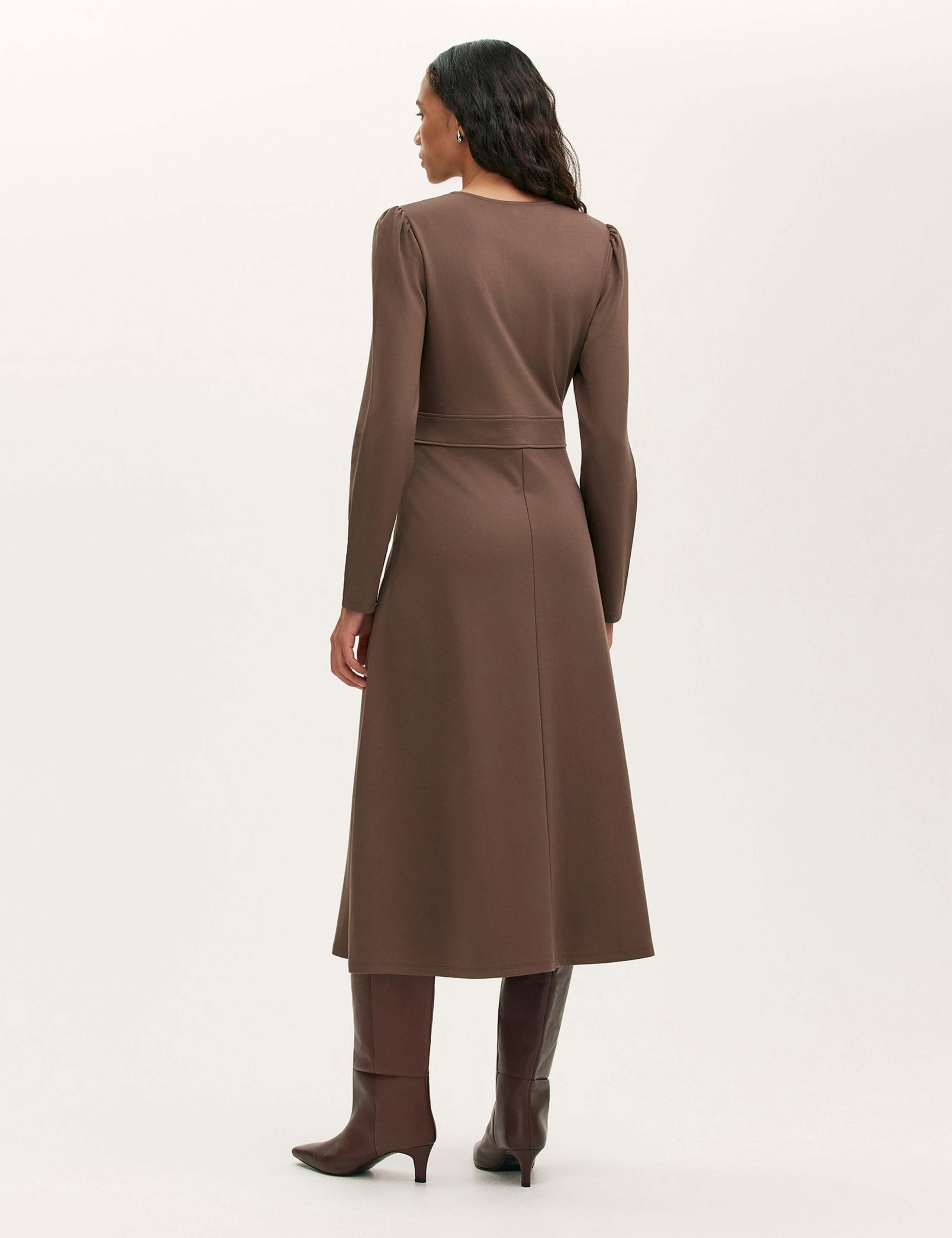 Ponte Jersey V-Neck Midi Waisted Dress 2 of 4