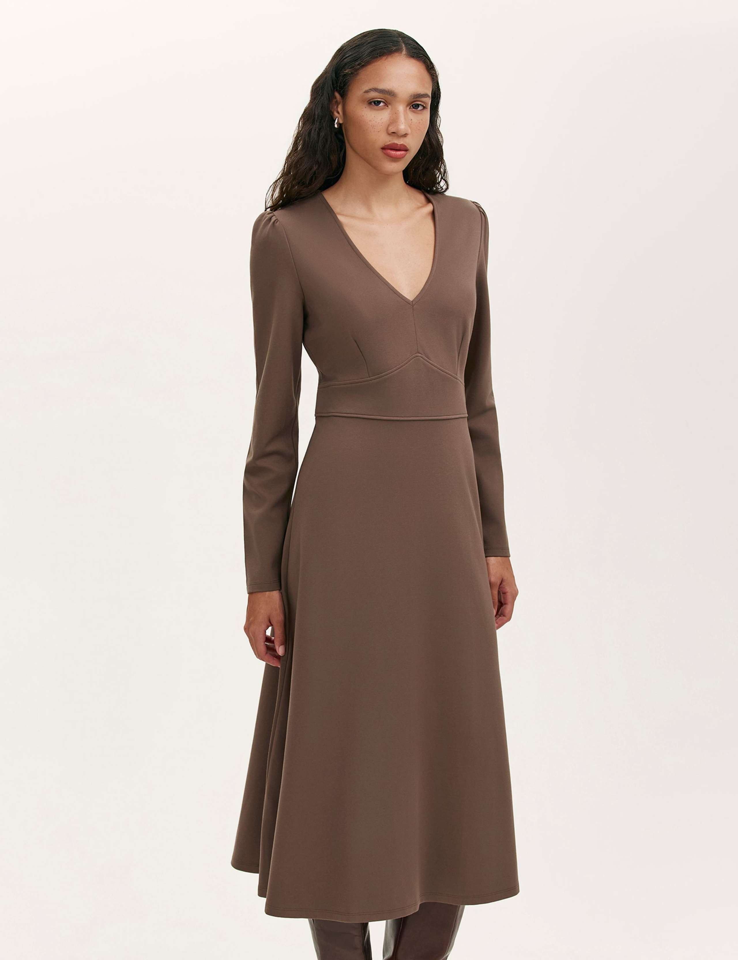 Ponte Jersey V-Neck Midi Waisted Dress 3 of 4