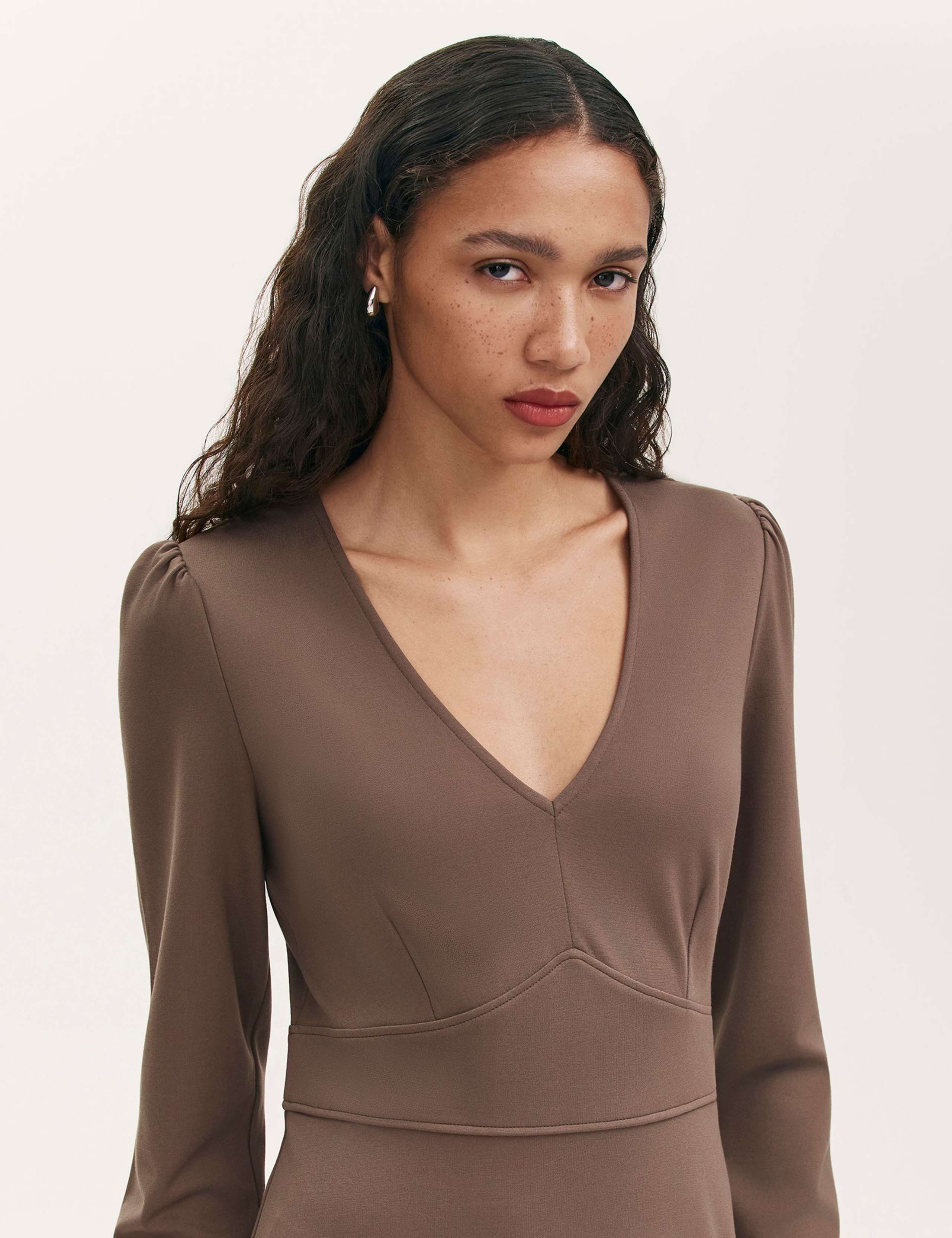 Ponte Jersey V-Neck Midi Waisted Dress 4 of 4