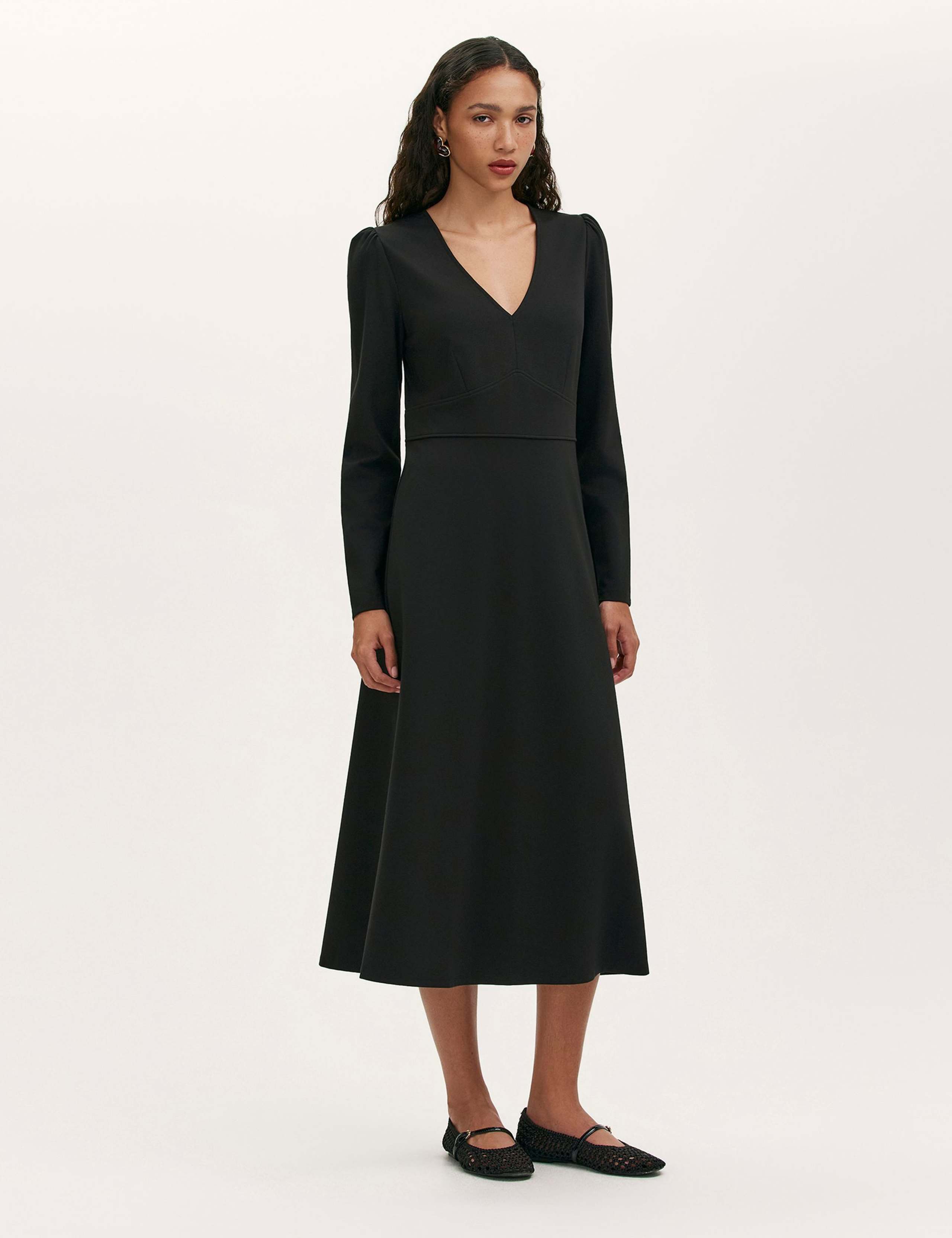 Ponte Jersey V-Neck Midi Waisted Dress 1 of 4