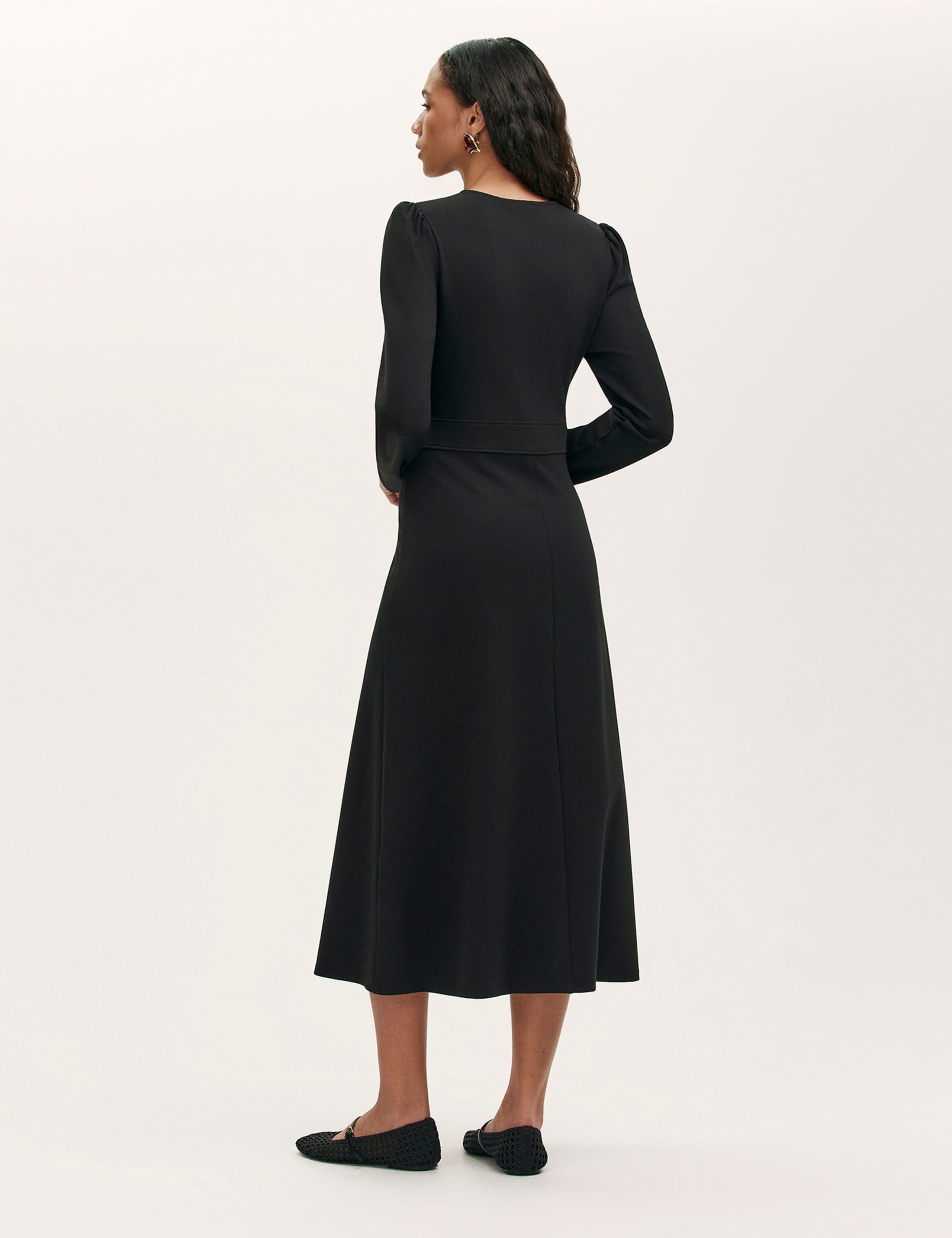 Ponte Jersey V-Neck Midi Waisted Dress 2 of 4