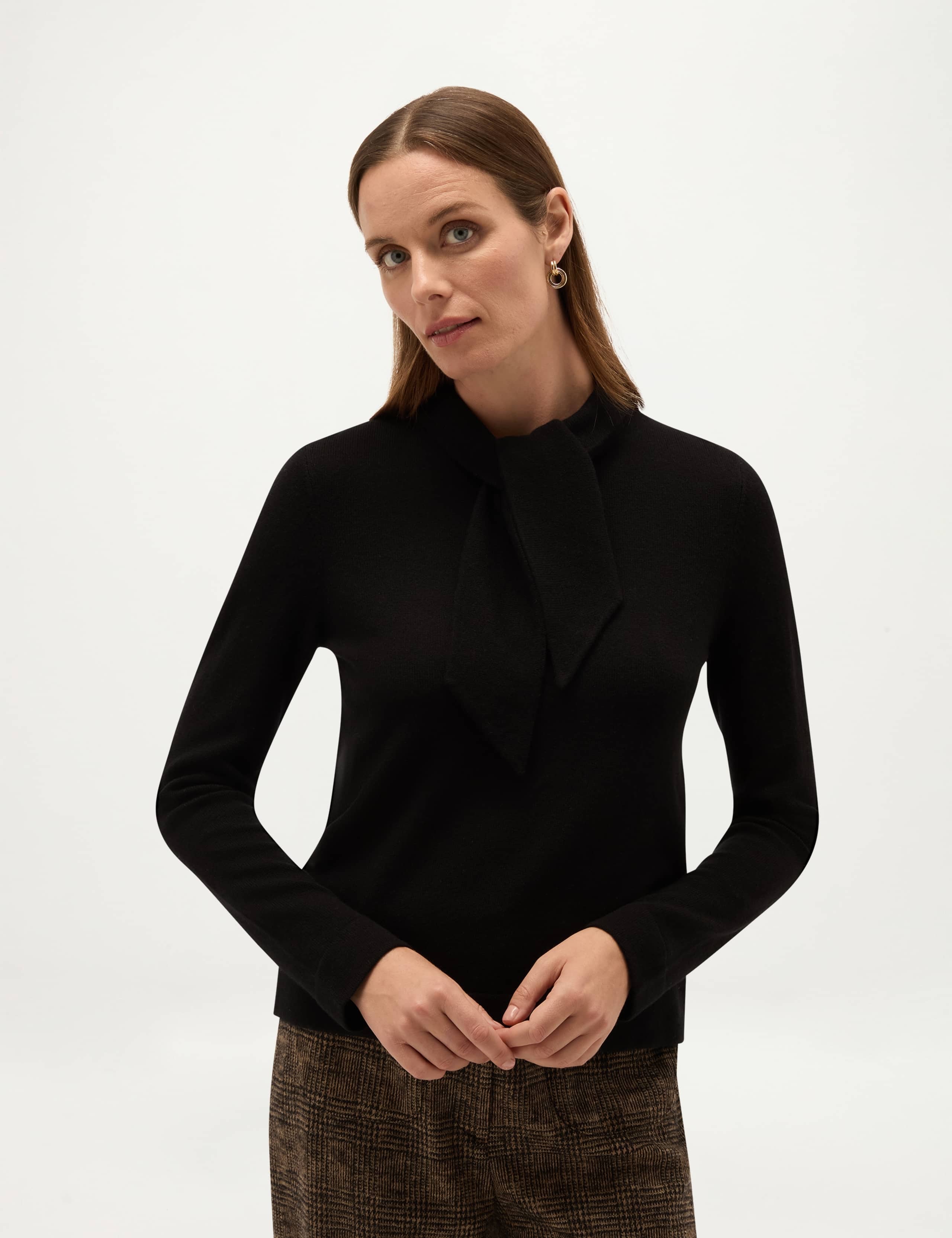 Merino Wool Rich Tie Neck Jumper with Cashmere 1 of 6
