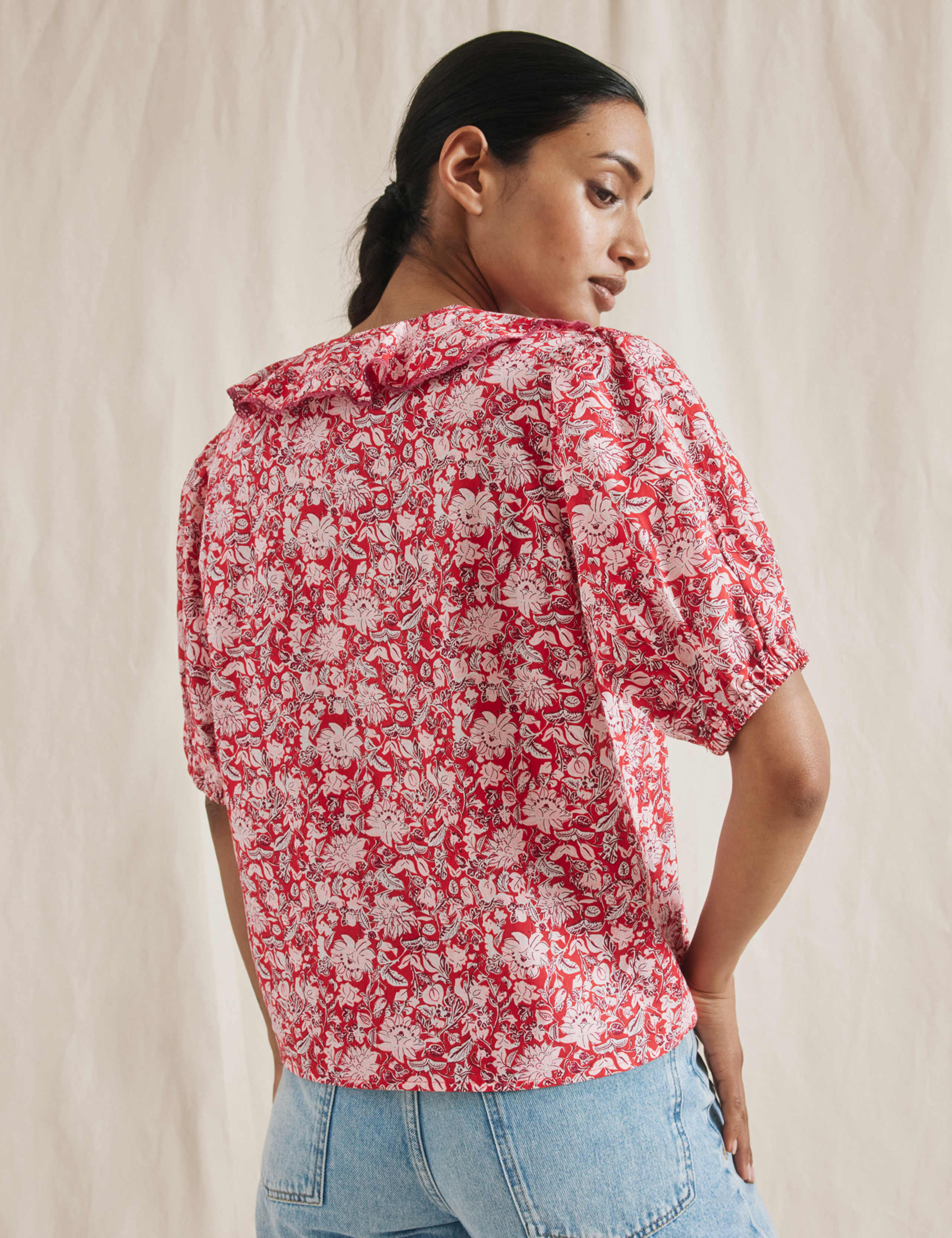 Pure Cotton Woodblock Print Frill Neck Top 3 of 4