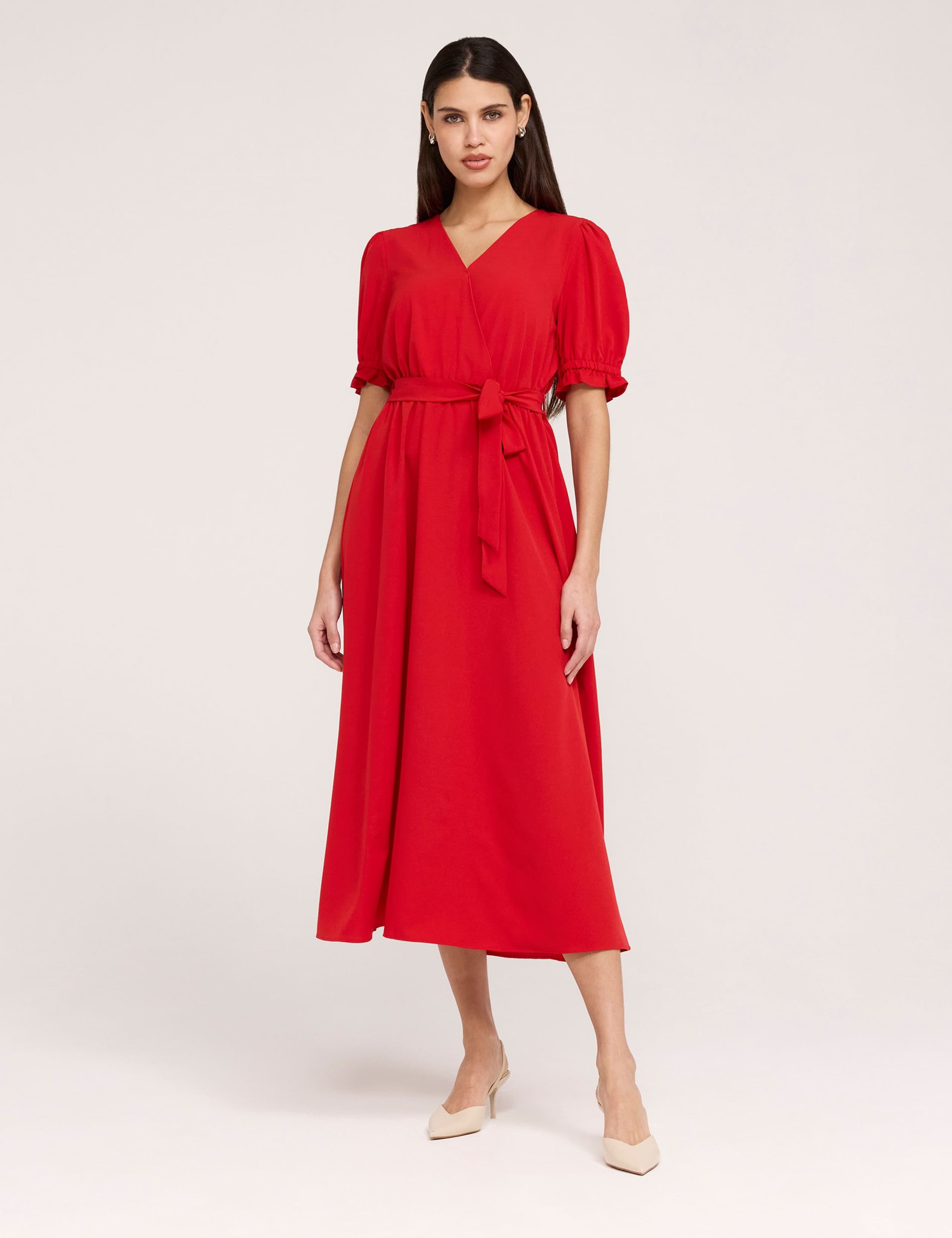 V-Neck Tie Waist Midi Faux Wrap Dress 2 of 5