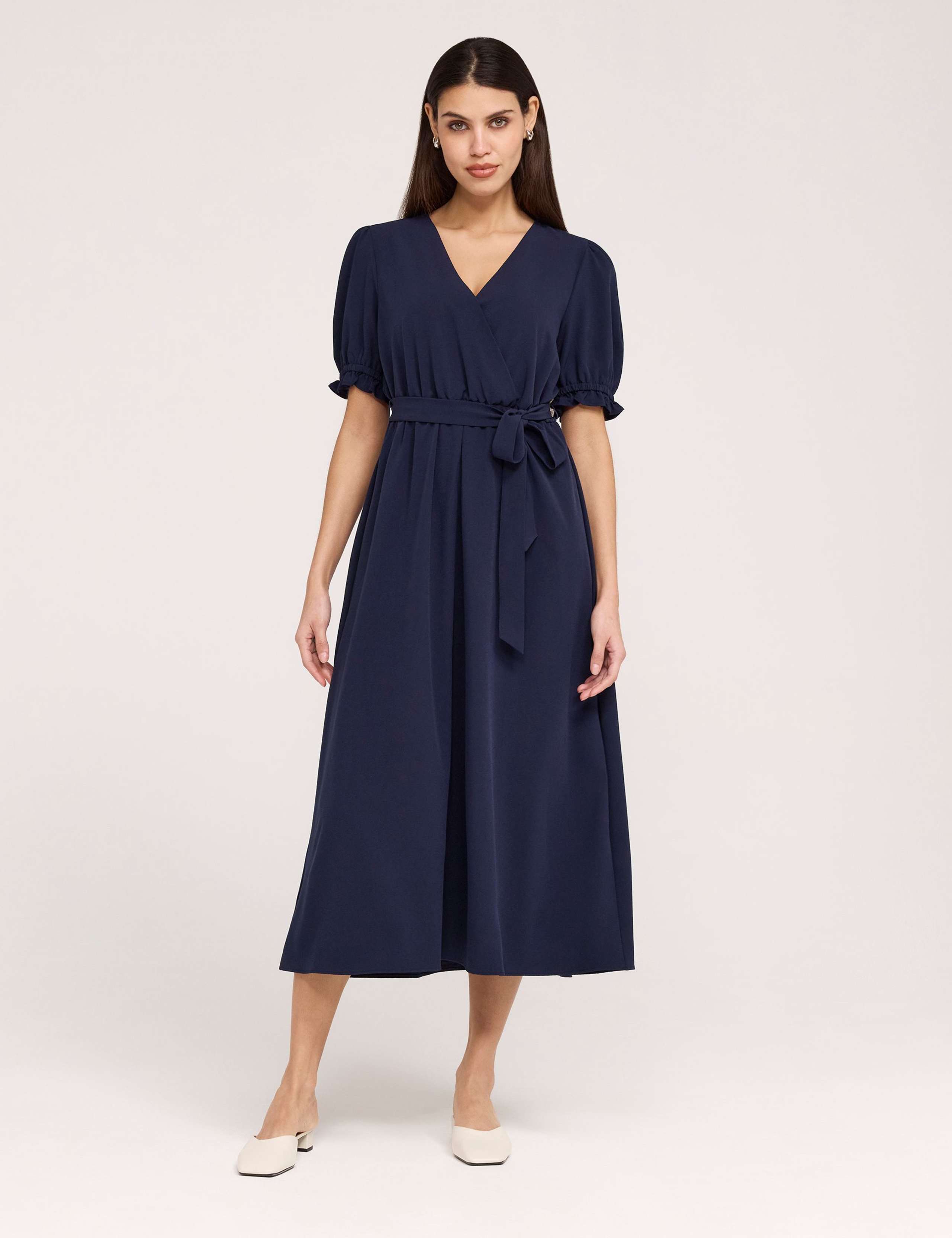 V-Neck Tie Waist Midi Faux Wrap Dress 1 of 5