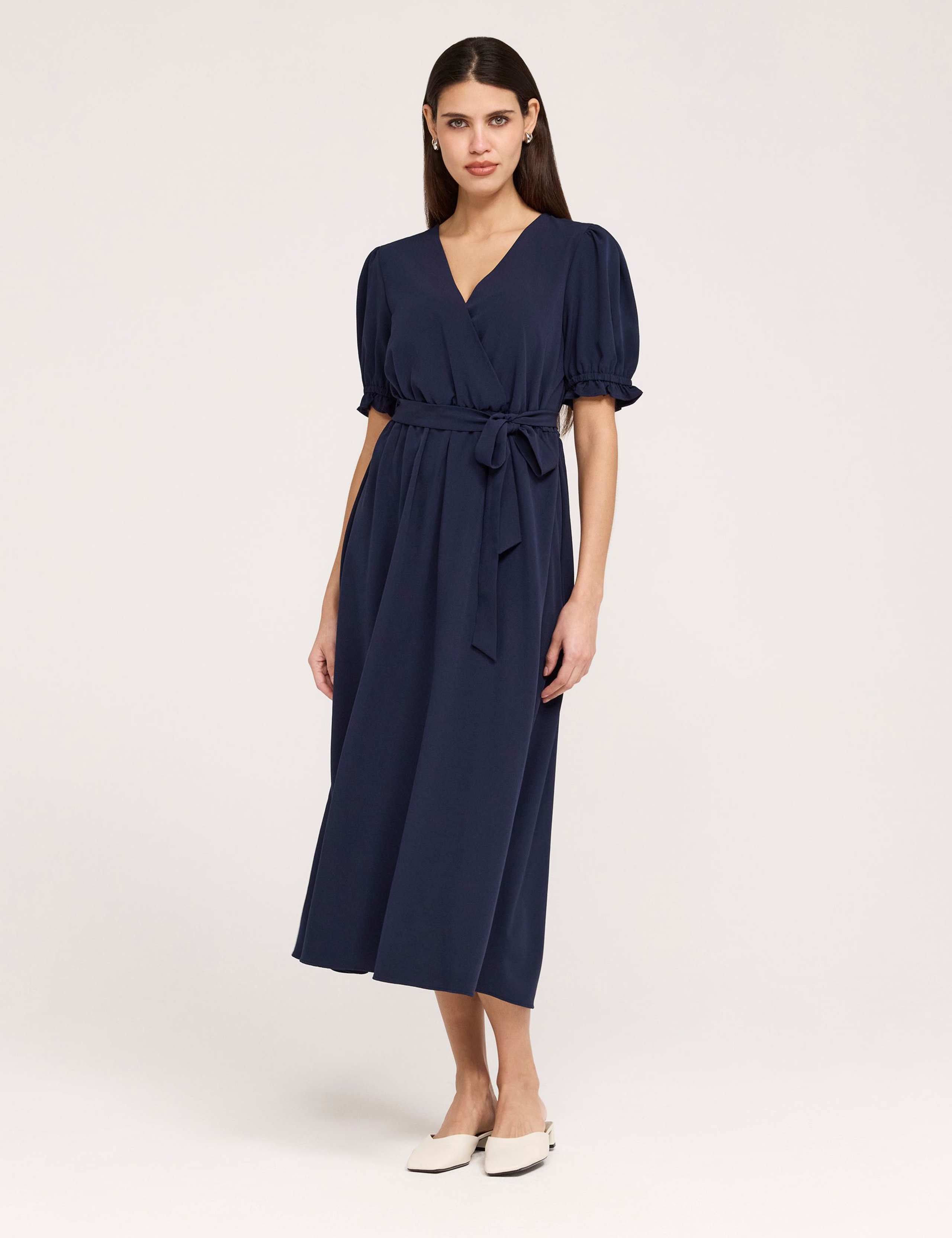 V-Neck Tie Waist Midi Faux Wrap Dress 2 of 5