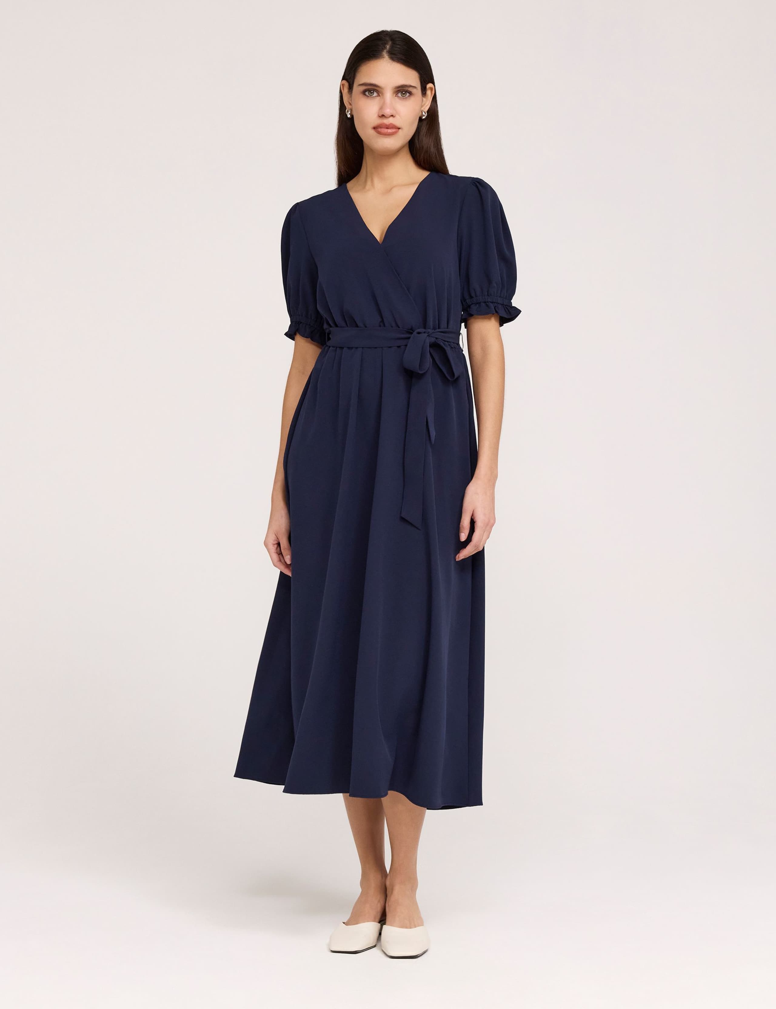 V-Neck Tie Waist Midi Faux Wrap Dress 3 of 5
