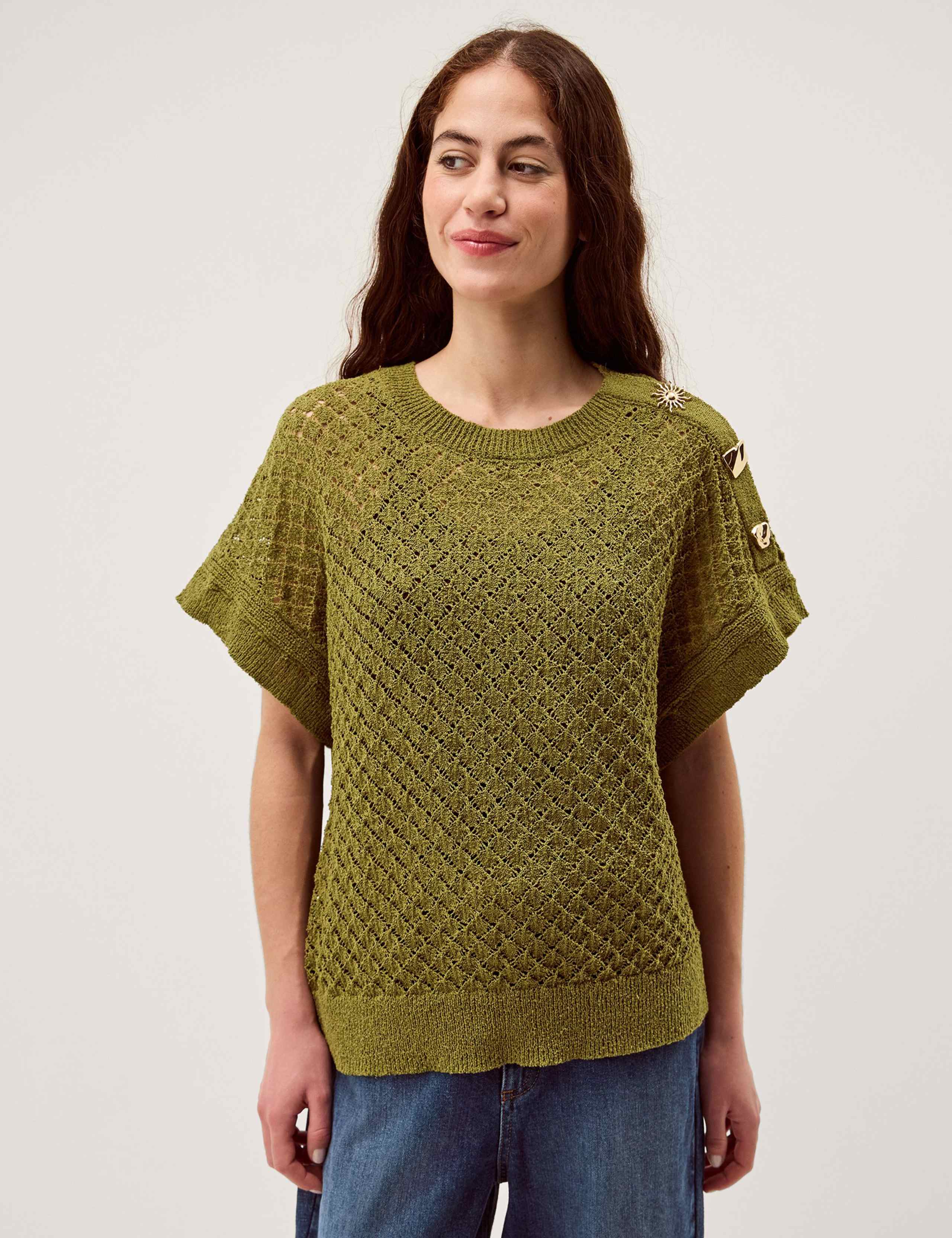 Textured Crew Neck Button Detail Jumper 1 of 5