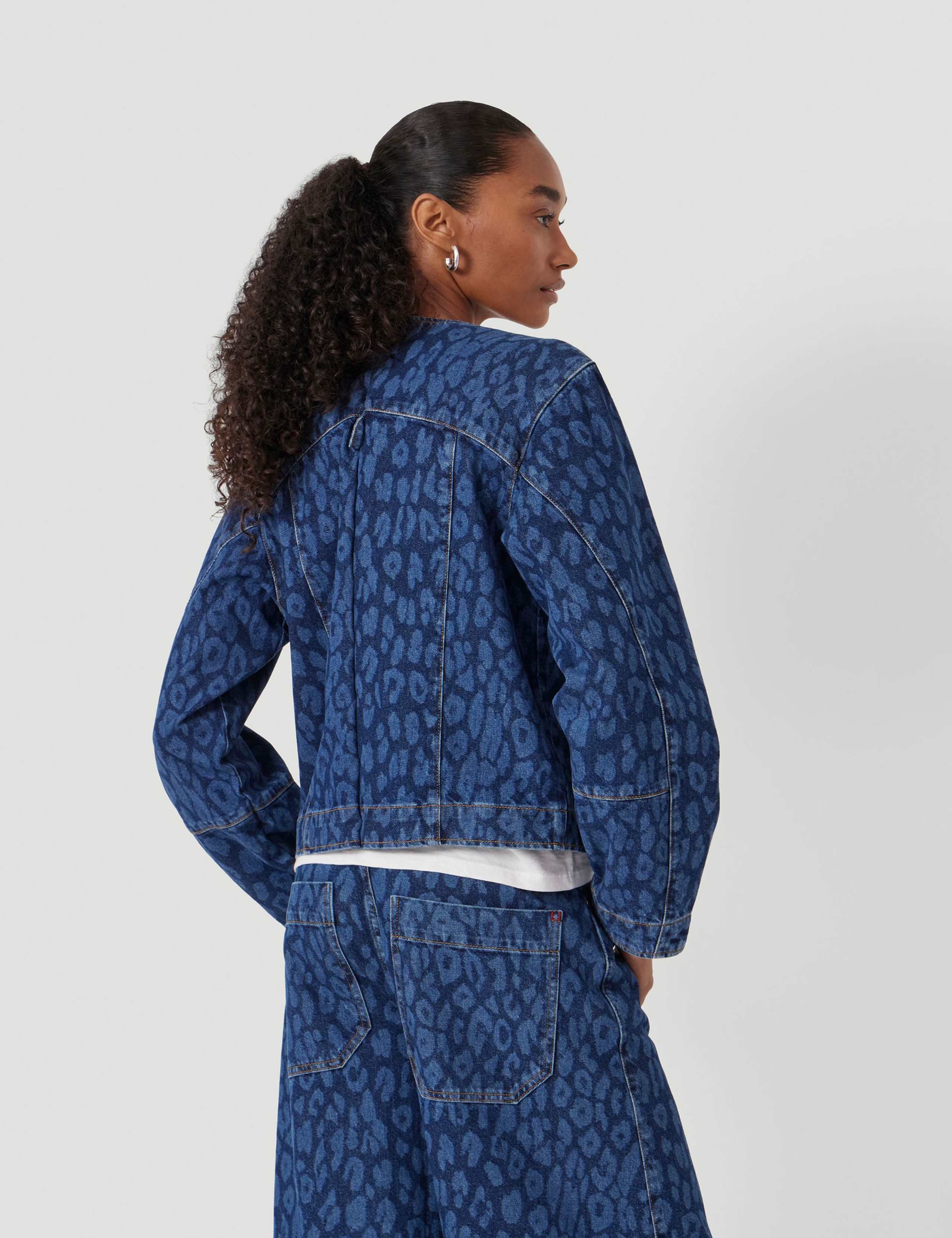 Denim Leopard Print Collarless Jacket 3 of 4