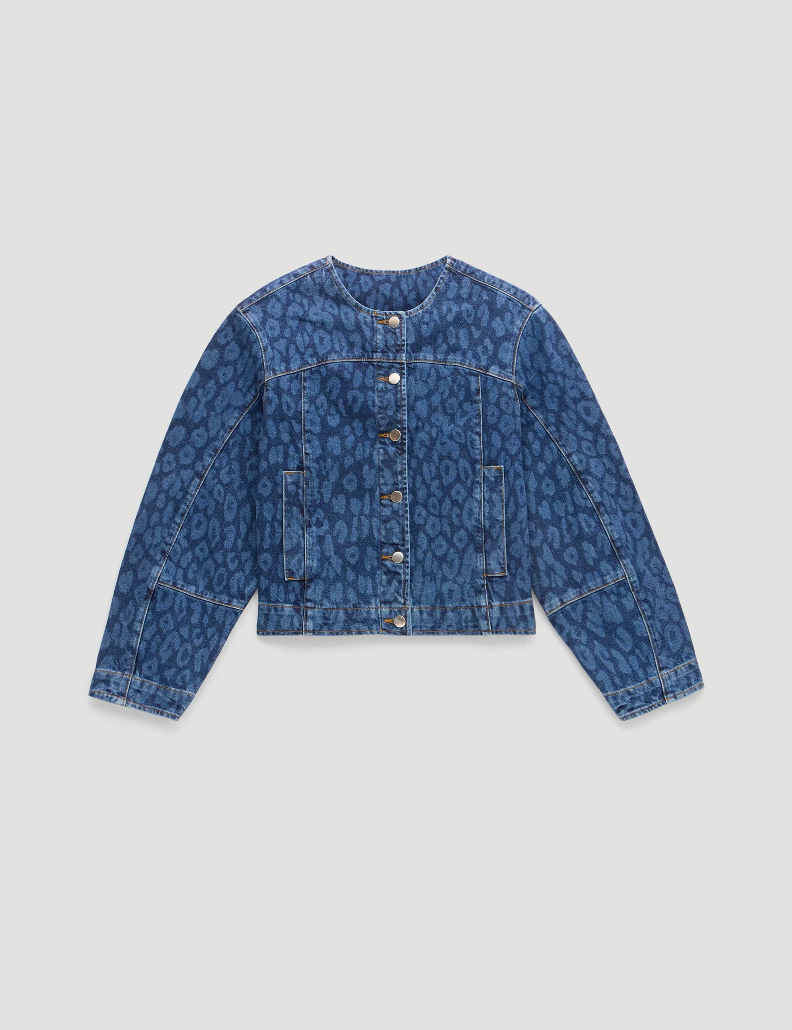 Denim Leopard Print Collarless Jacket 2 of 4