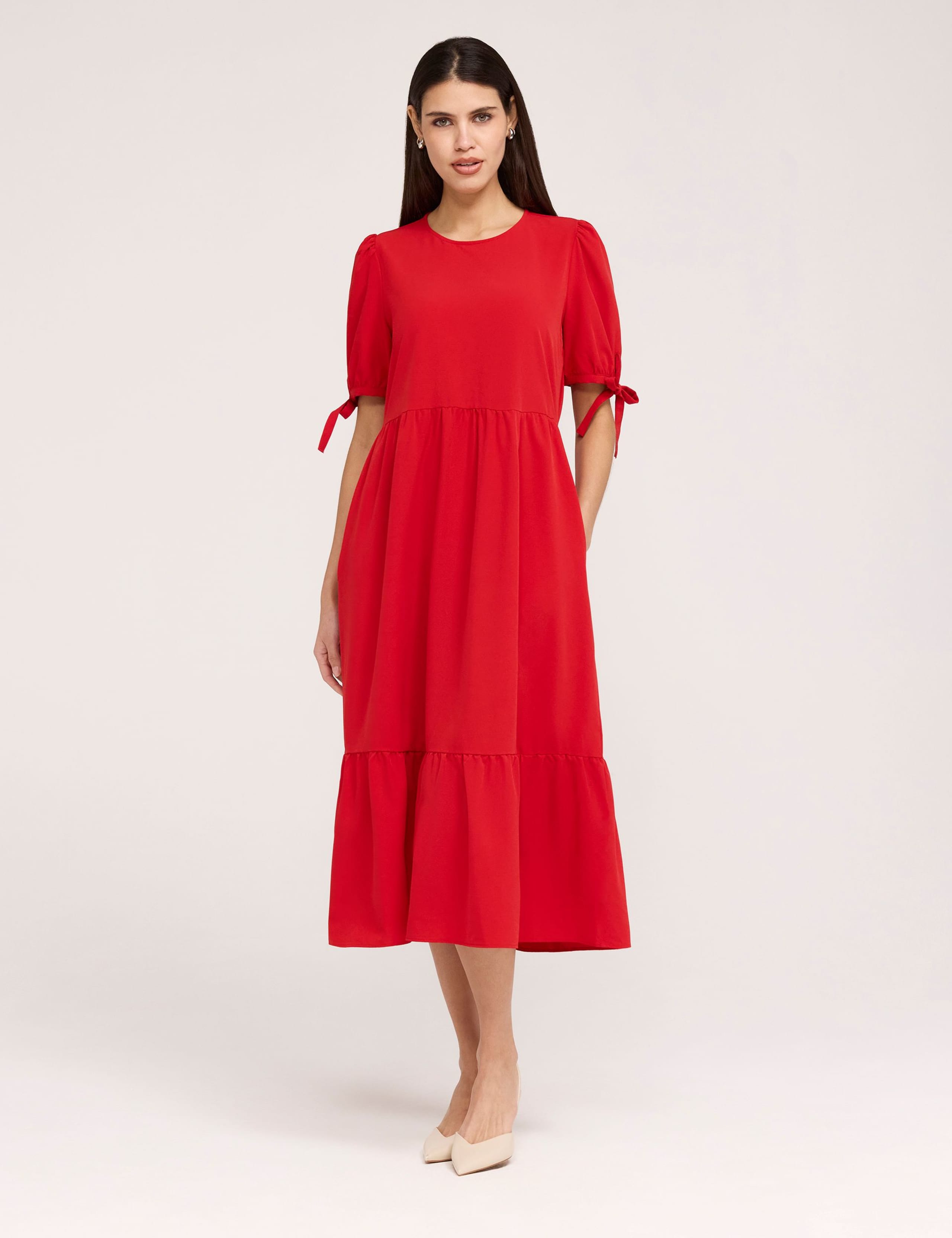 Crepe Tie Detail Tiered Midi Dress 2 of 6